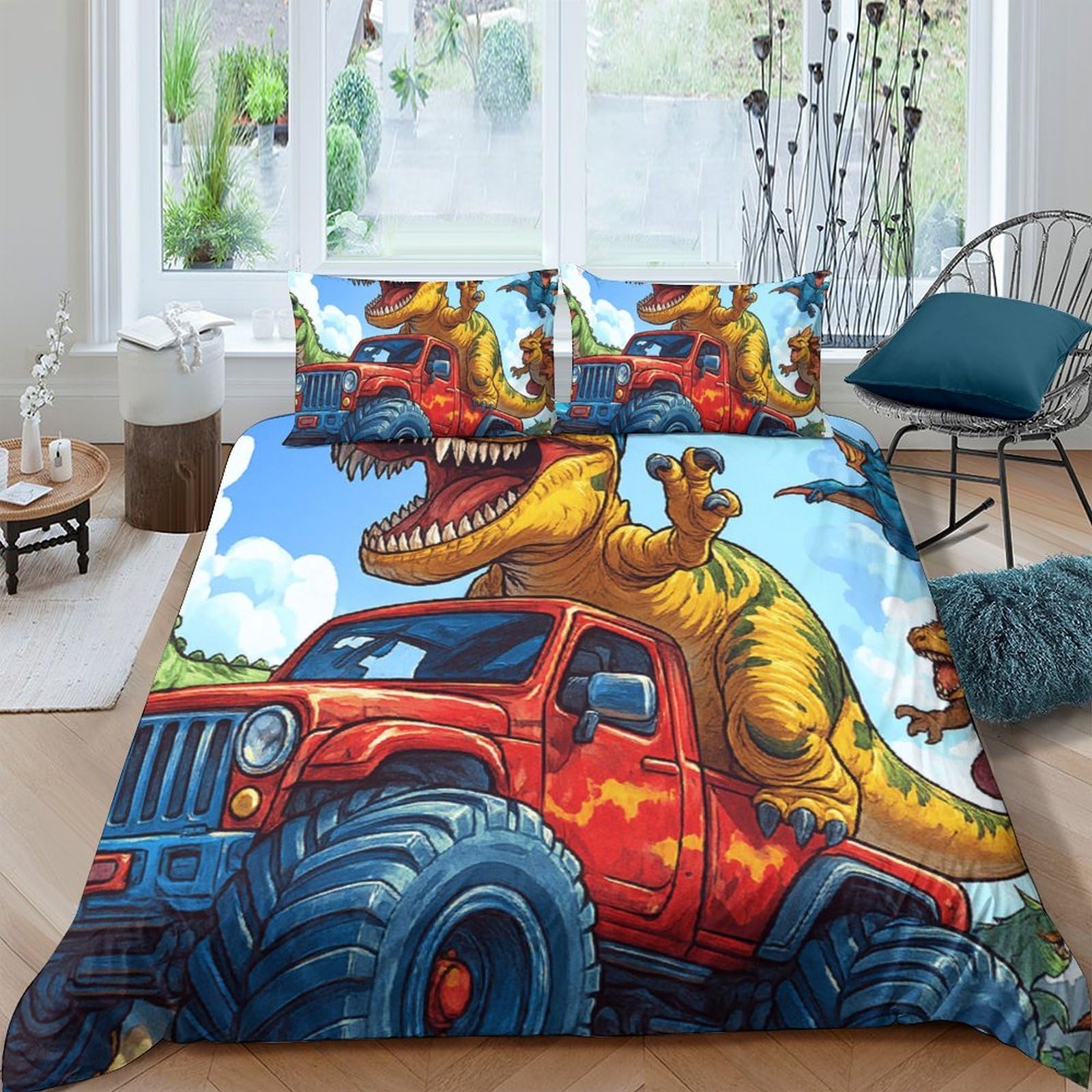Ctjqhvkz Style-4 3D Printed Dinosaur Monster Truck Fitted Sheet Microfiber Soft Bedroom Decor Bed Cover For Home Guest Room Single（135X200cm）