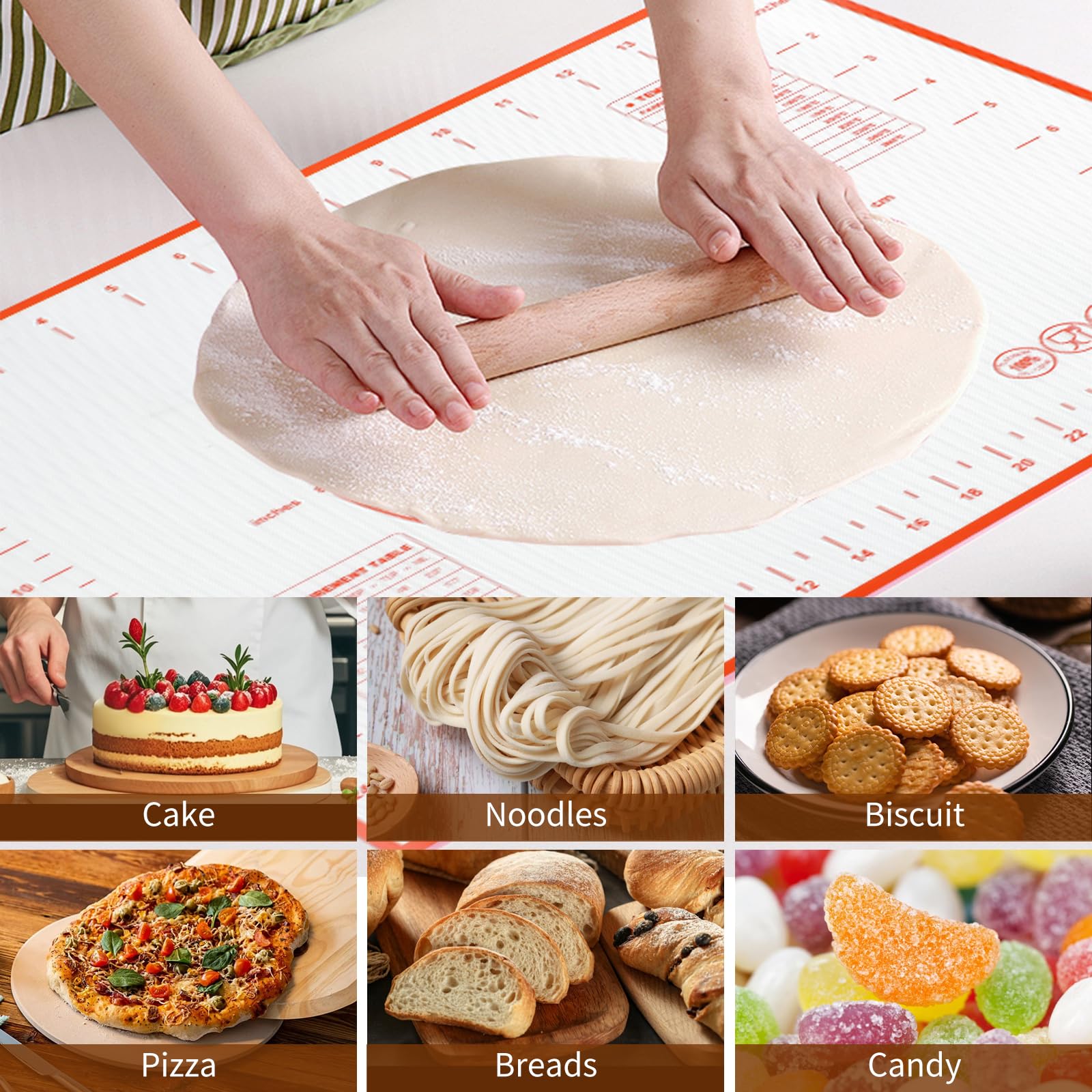 4er Set Nudelholz und Backmatte mit Backpinsel & Teigschaber, Antihaft-Silikon-Backmatte und Hölzerne Teigrolle zum Backen für Teig Brot Pizza Gebäck Plätzchen