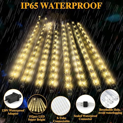 Miniatura 4 de Luces de lluvia de meteoritos, 192 luces LED de lluvia que caen, 8 tubos de 11.8 pulgadas, luces de Navidad impermeables para enchufar, luces LED de