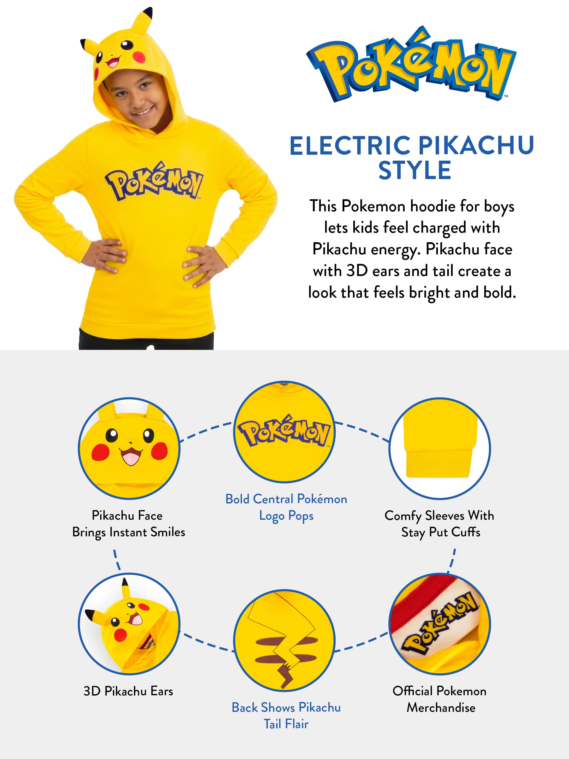 Pokémon Maglione per Bambini, Felpa con Cappuccio Orecchie 3D di Pikachu, Felpa Pikachu per Ragazzi