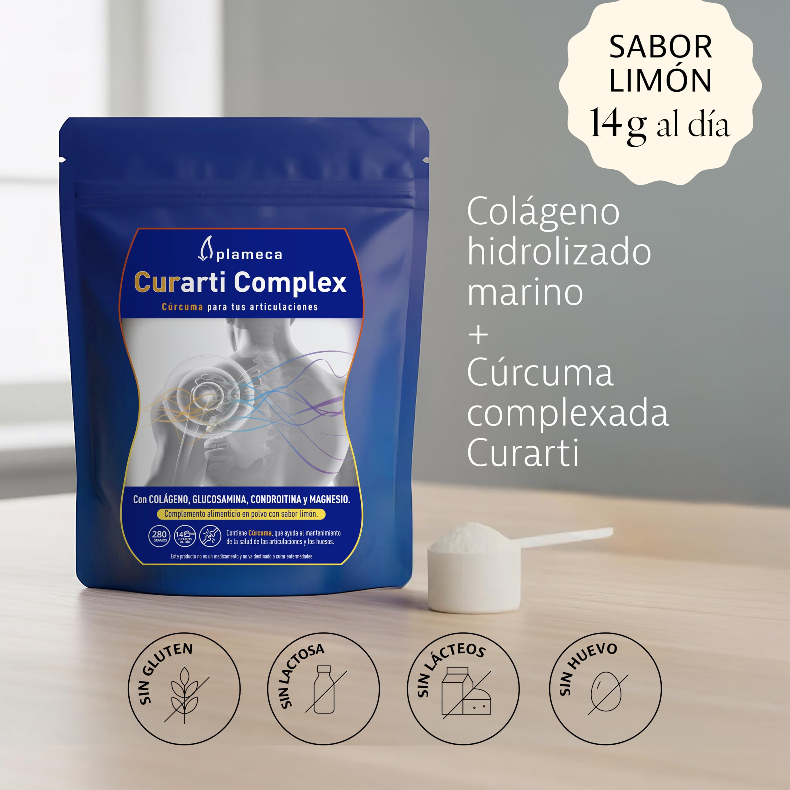 Plameca Curarti Complex - Colágeno con Magnesio y Ácido Hialurónico, Vitamina C, Cúrcuma, Glucosamina y Condroitina - Cuidado de Articulaciones, Huesos y Músculos - Sabor Limón - Formato Polvo, 280 gr