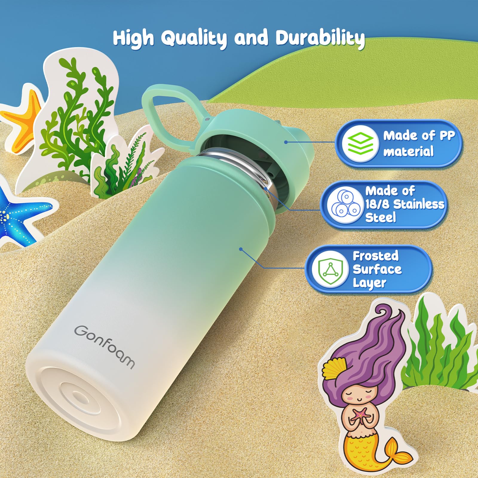Botella de agua para niños, botella de agua para niños de 16 onzas con calcomanías y popote, taza de popote de acero inoxidable, botella de agua para la escuela (verde/blanco)