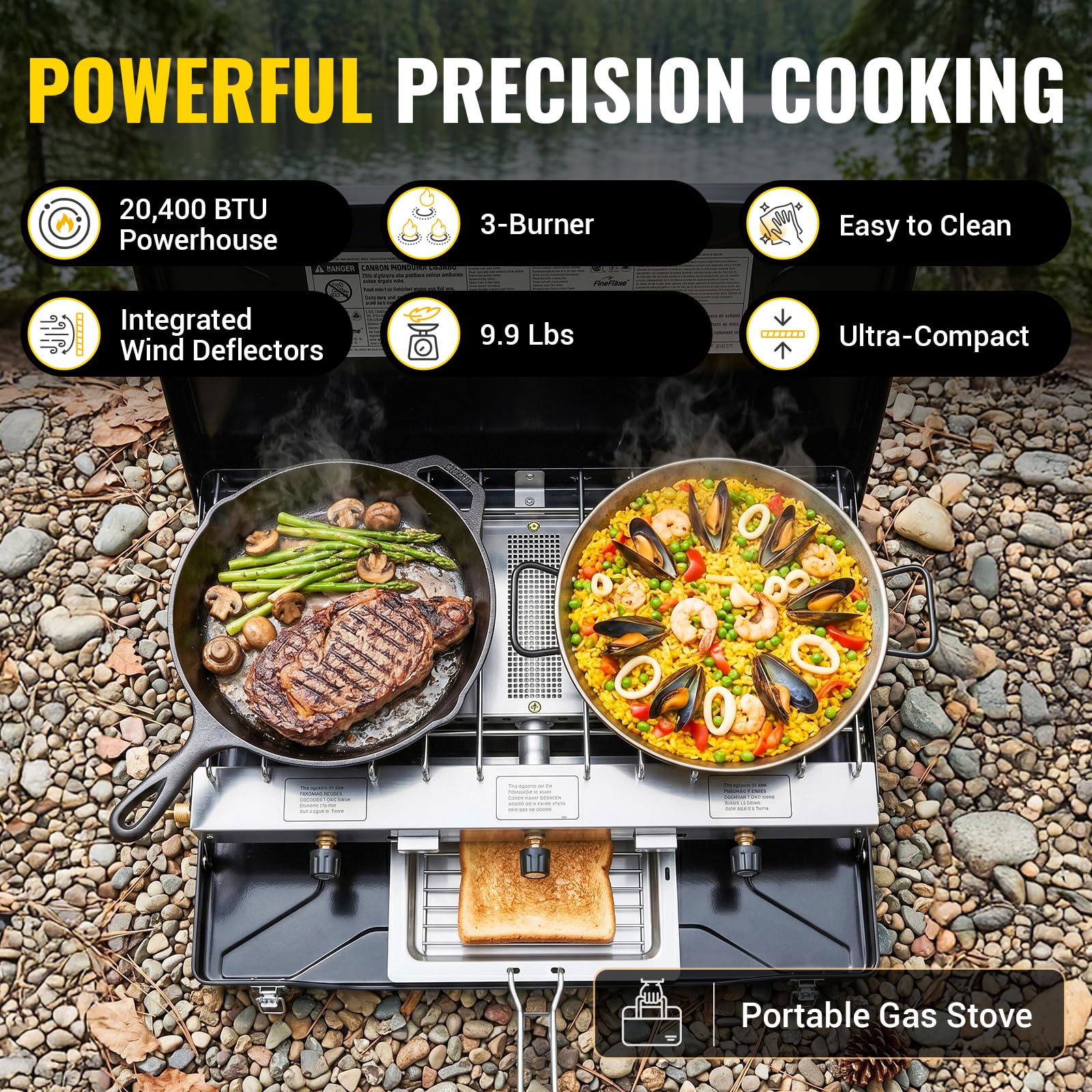 FineFlame Fornello da campeggio, 3 fuochi a propano portatile con regolatore, accensione istantanea a pulsante, bruciatori regolabili e paravento per auto, barbecue, picnic, cucina all'aperto (black