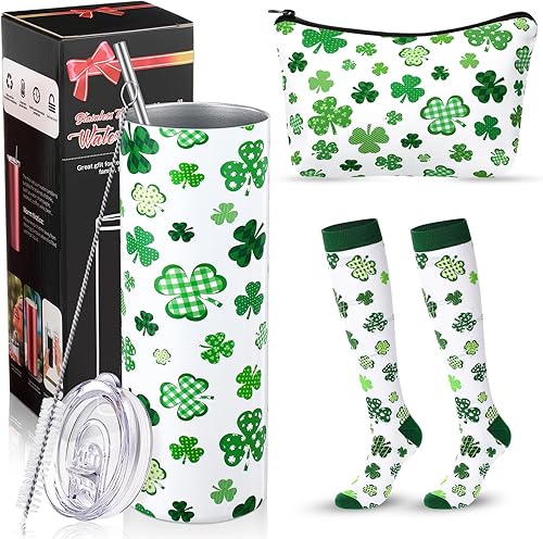 Geiserailie Juego de regalo patriótico de la bandera de Estados Unidos para mujer, vaso impreso con tapa y pajita, bolsa de maquillaje, calcetines