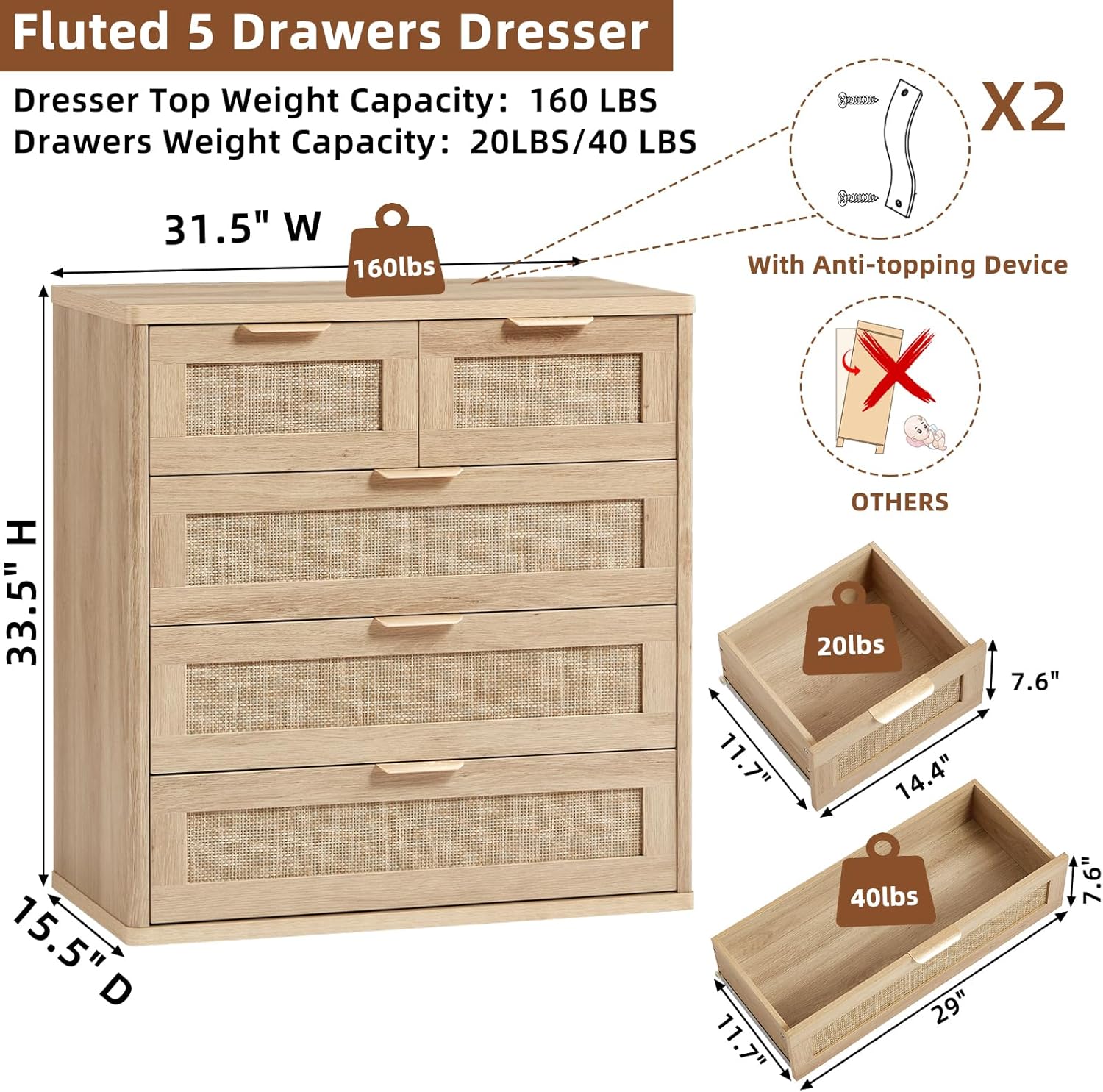 LEYAOYAO Rattan Dresser for Bedroom, 33.5" Tall Chest of Drawers, Modern 5 Drawers Boho Dressers with Storage, Light Oak Dresser Wooden Closet Organizer for Living Room, Hallway, Natural Wood 15.5"D x 31.5"W x 33.5"H (5 Drawers) Natural Wood 1