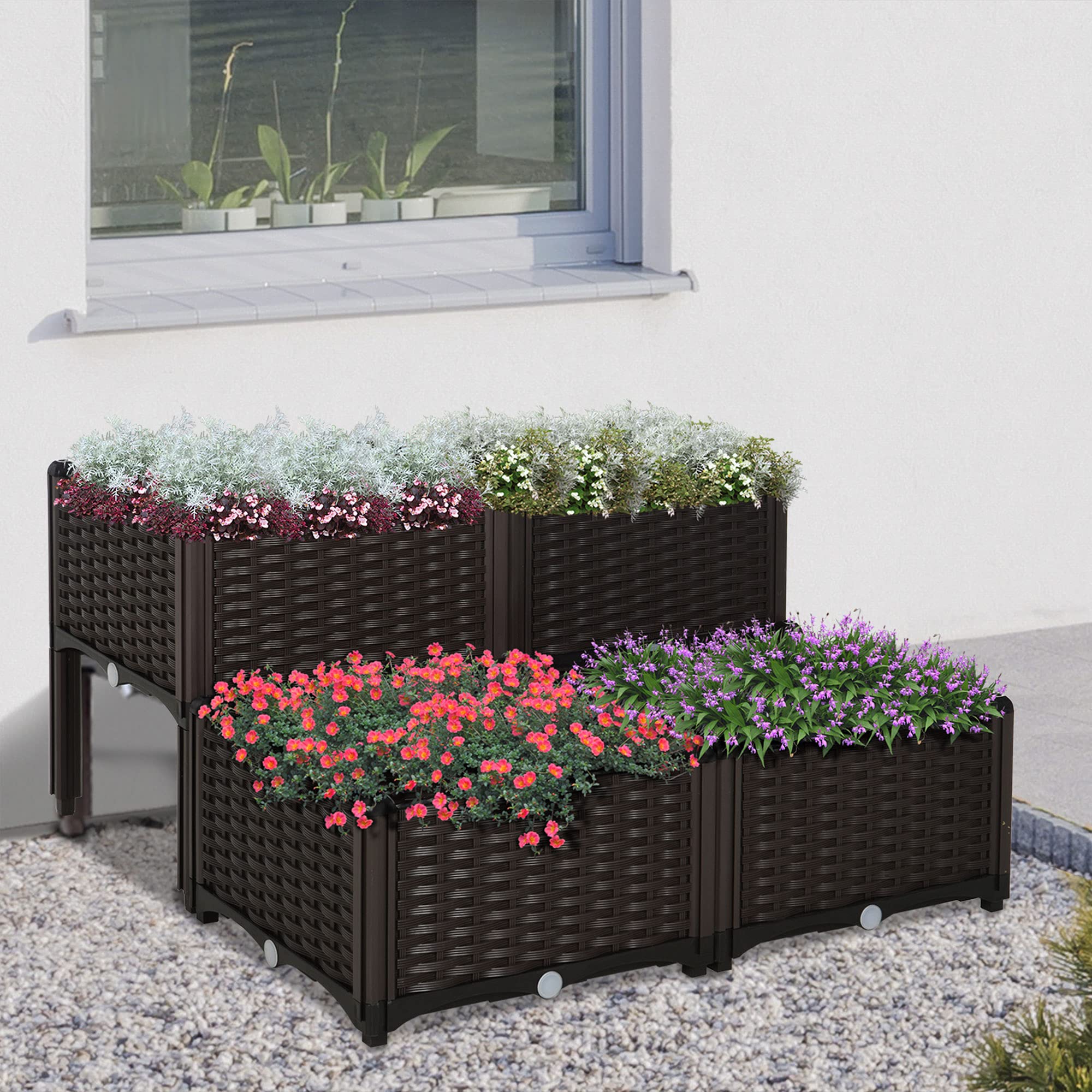 Outsunny Set 4 Pezzi Fioriere da Esterno Autoirriganti Rialzate Letto da Giardino Rialzato per Fiori Effetto Rattan in PP, Marrone
