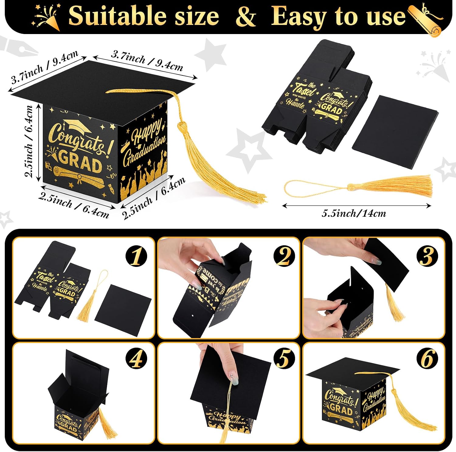 Condition photo showing New/Like New for crtiin 100 pcs graduation candy boxes with tassel graduation party favors 2025 gifts decorations grad cap candy box for biscuit chocolate supplies(black and gold)