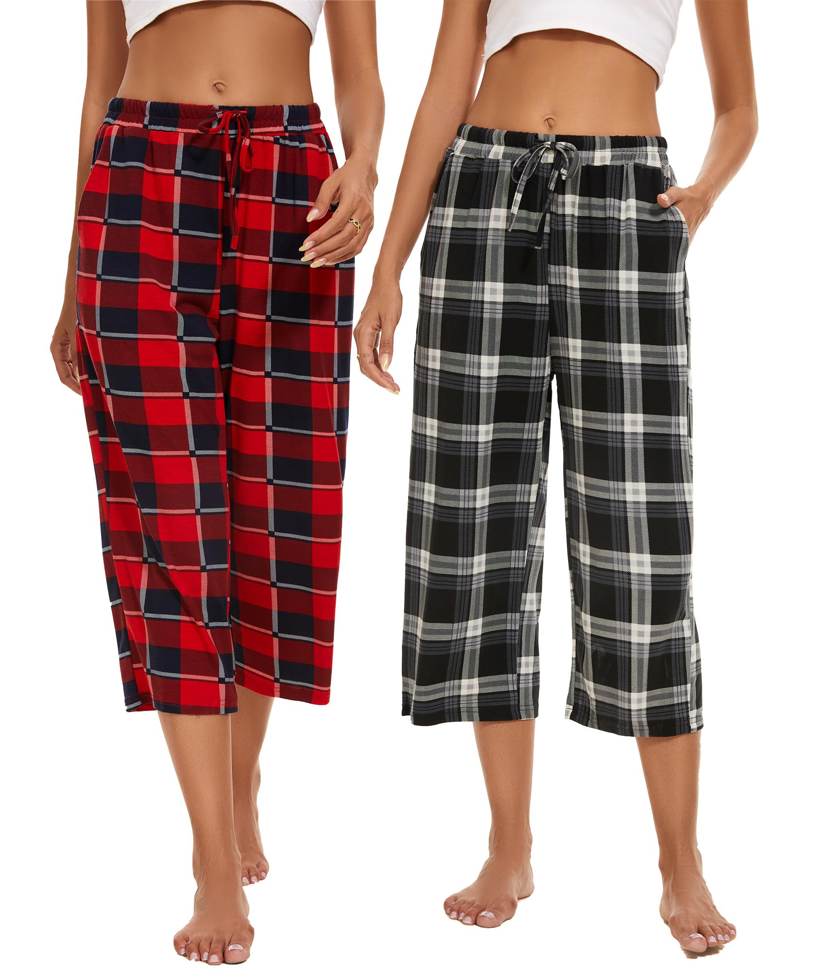 Kabento 2 Pack Womens Pajama Pants Capri Sleep Lounge Pants Drawstring Pj Bottoms with Pockets