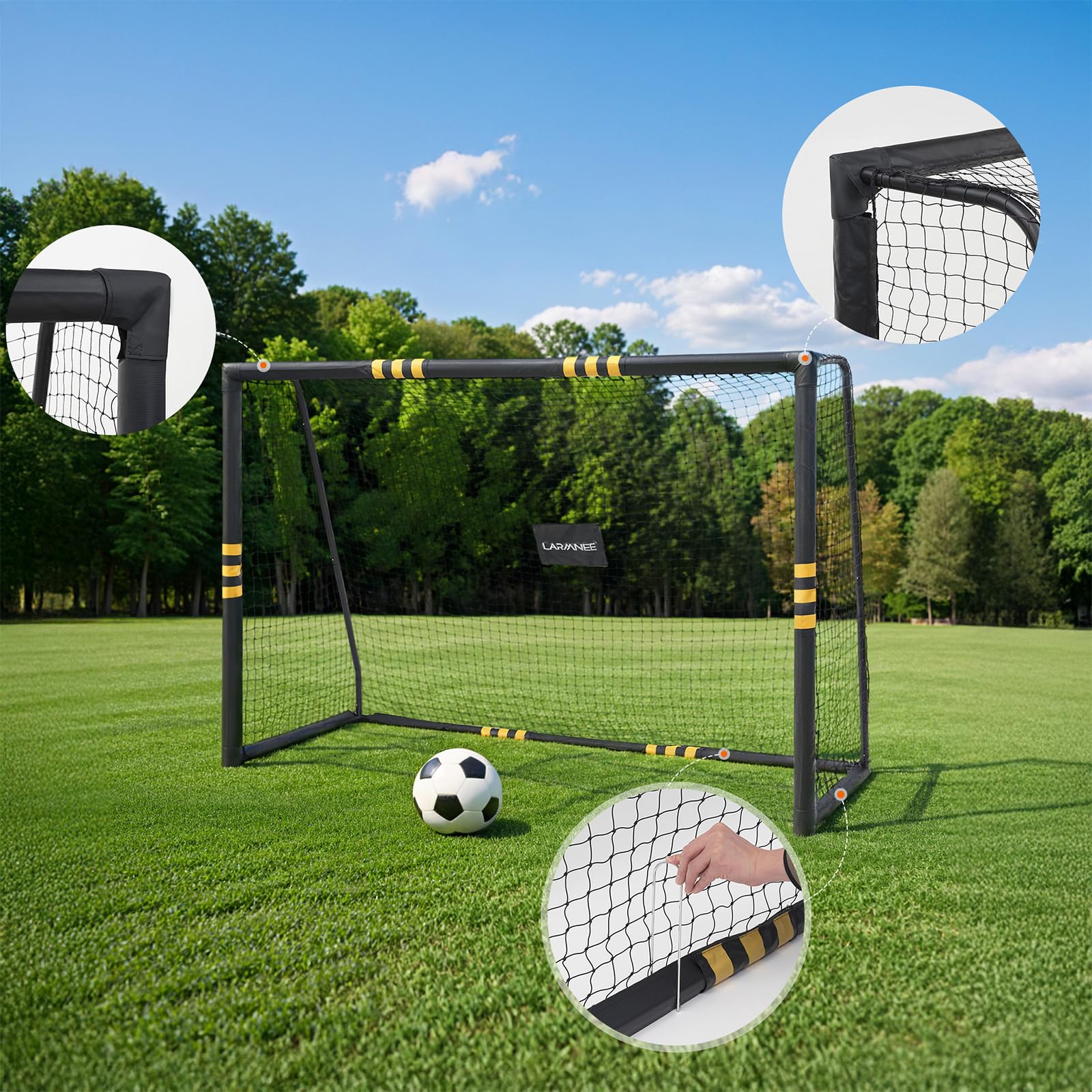 LARMNEE Portería de Fútbol 240 cm, Red de PE, Cubierta Protectora de Espuma, Resistente a la Intemperie