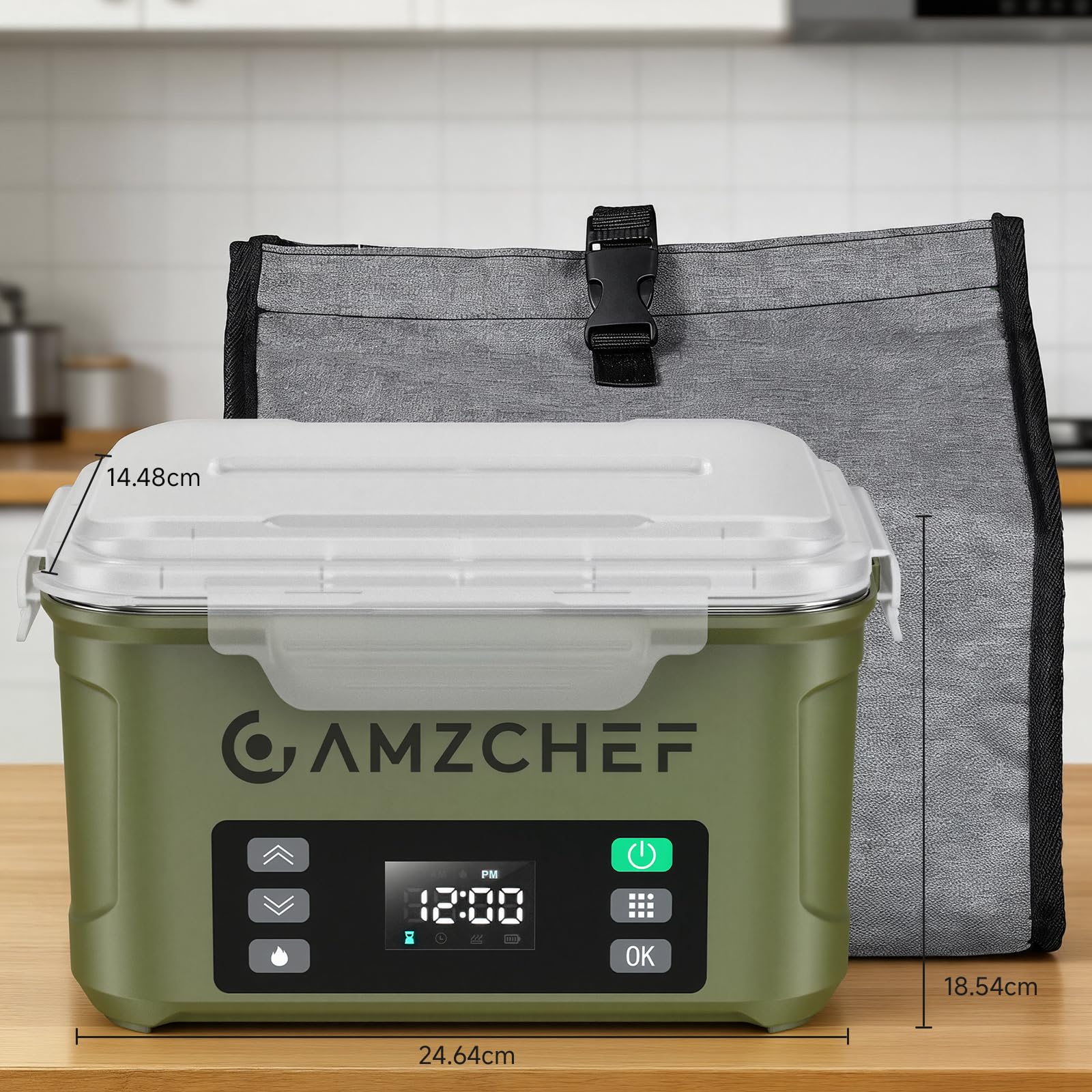 AMZCHEF Fiambrera Electrica de 1,5 L - taper electrico para comida de 27 000 mAh, calentamiento en 5 caras, función de calentamiento instantáneo, con reloj y memoria, recarga rápida (verde) | Fiambrera portátil de 1,5 l con calentamiento instantáneo, func