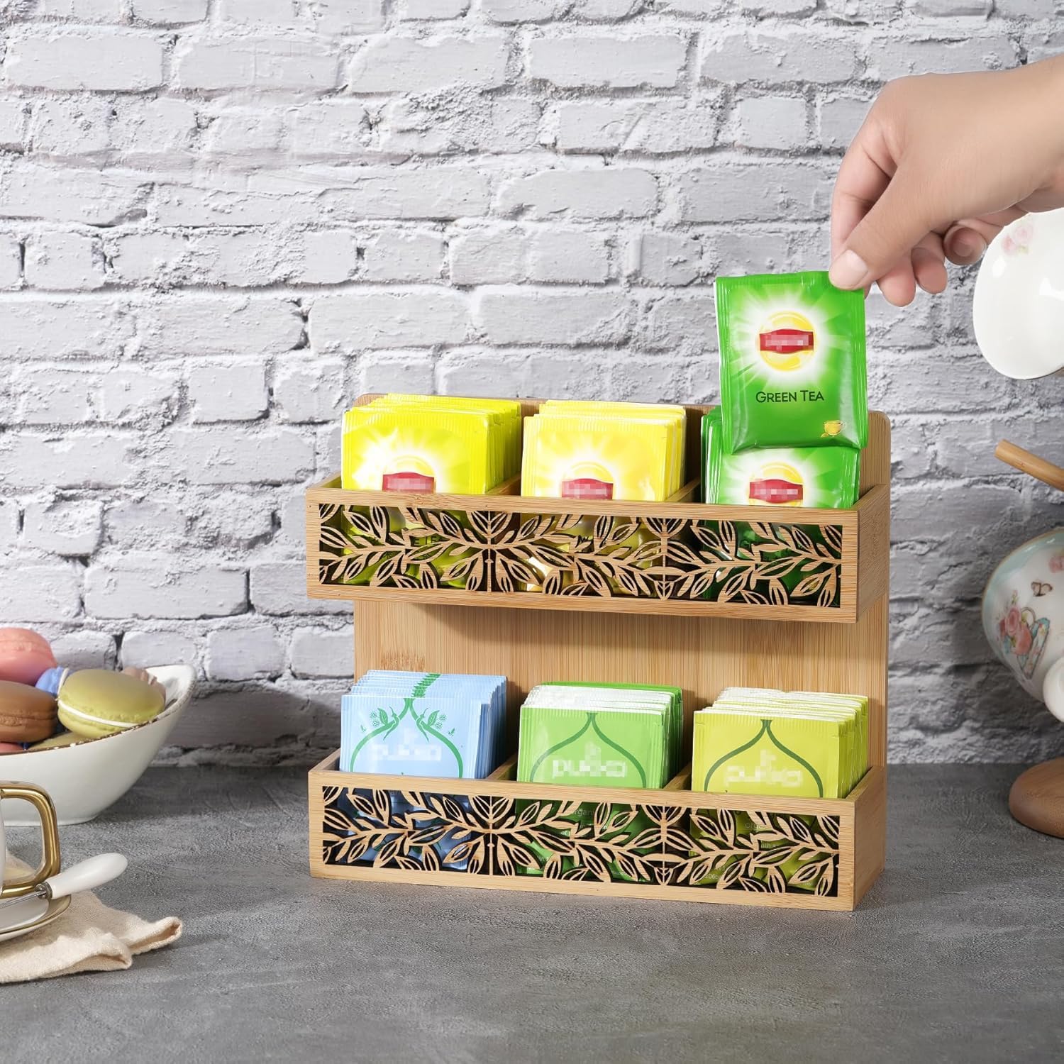 Teebox Teebeutel Organizer,Teekiste Exquisite durchbrochenes mit 6 Fächern Teehalter,Vertikaler und Wandmontage Teeaufbewahrung - Teebeutelbox für Teebeutel Zucker Kaffeekapsel