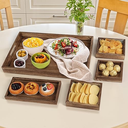 Miniatura 6 de LotFancy Bandejas de madera para servir, juego de 7 piezas, bandejas rústicas para alimentos anidables con asas, bandeja rectangular decorativa para