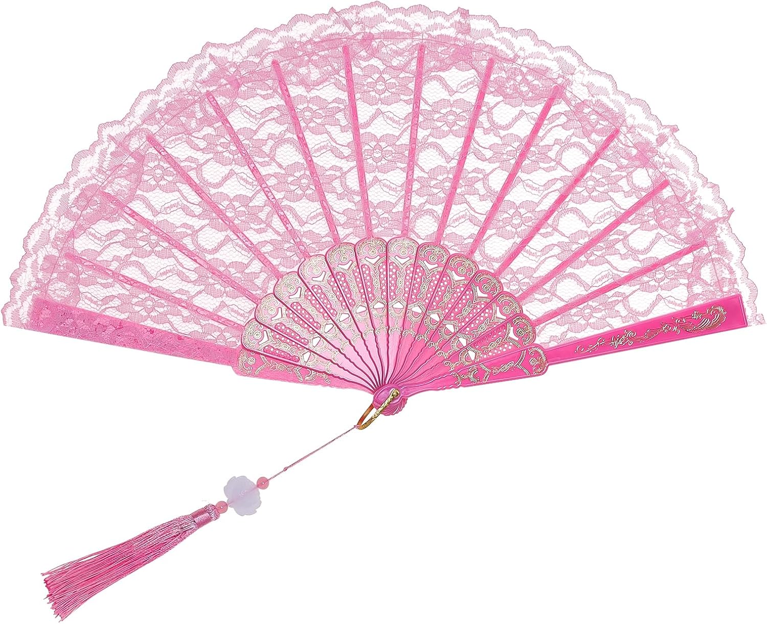 1PCS Lace Handheld Folding Fan Elegant Embroidered Flower Chinese Folding Fans Vintage Fan for Women Wedding Decoration Dancing Party (Pink)