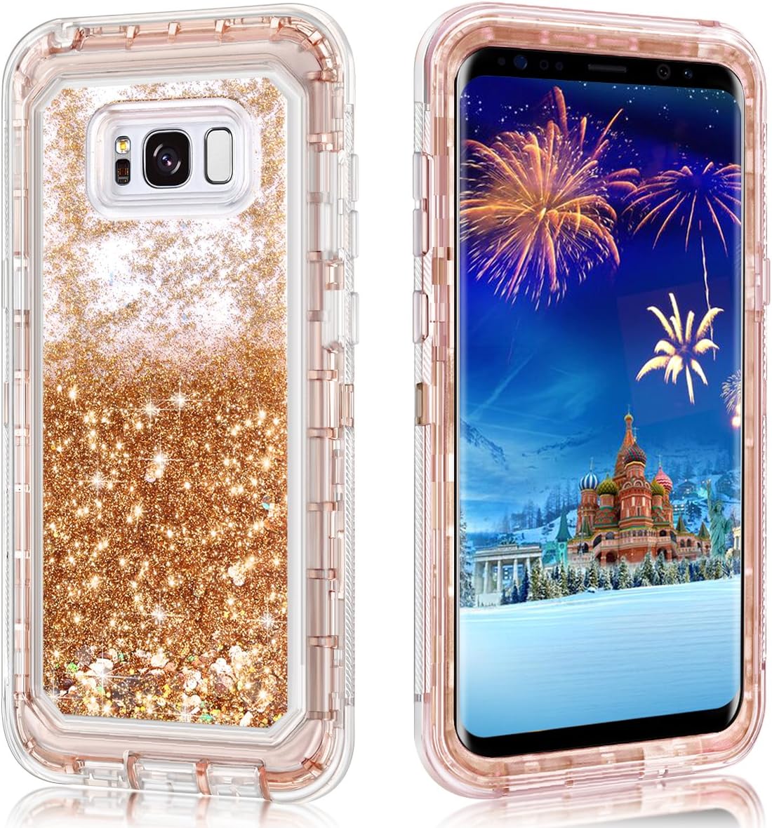 WOLLONY Galaxy S8 Plus Case, 360 Full Body Shockproof Liquid Glitter Quicksand Bling Case Heavy Duty Phone Bumper Soft Non-Slip Clear Rubber Protective Cover for Samsung Galaxy S8 Plus - Rose Gold