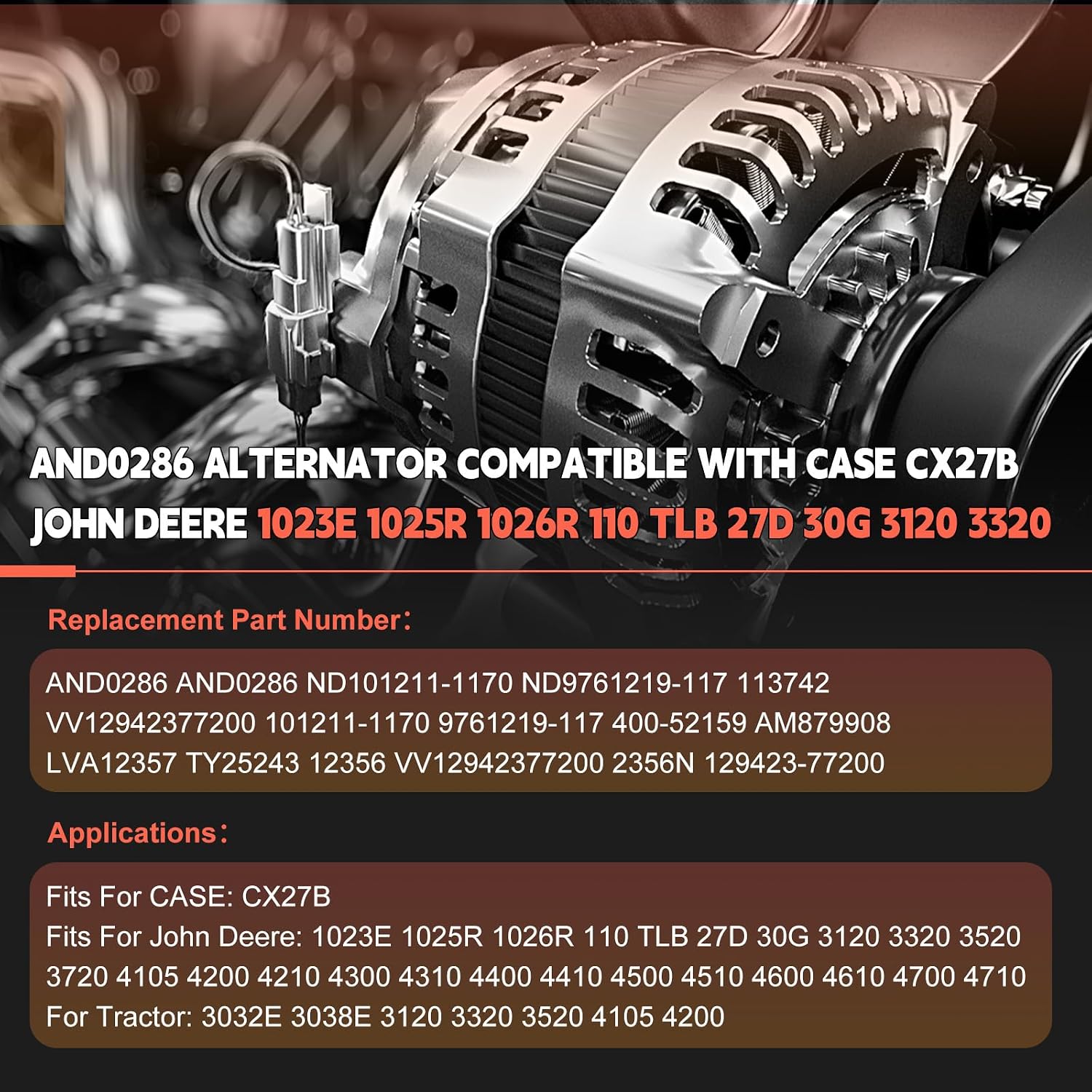 AND0286 Alternator 12V 40A Compatible with Case Excavator CX27B for John Deere 27D 1023E 1025R Tractor 3032E 3038E 3120 3320 3520 4105 ND101211-1170 ND9761219-117 Engine Replaces Parts