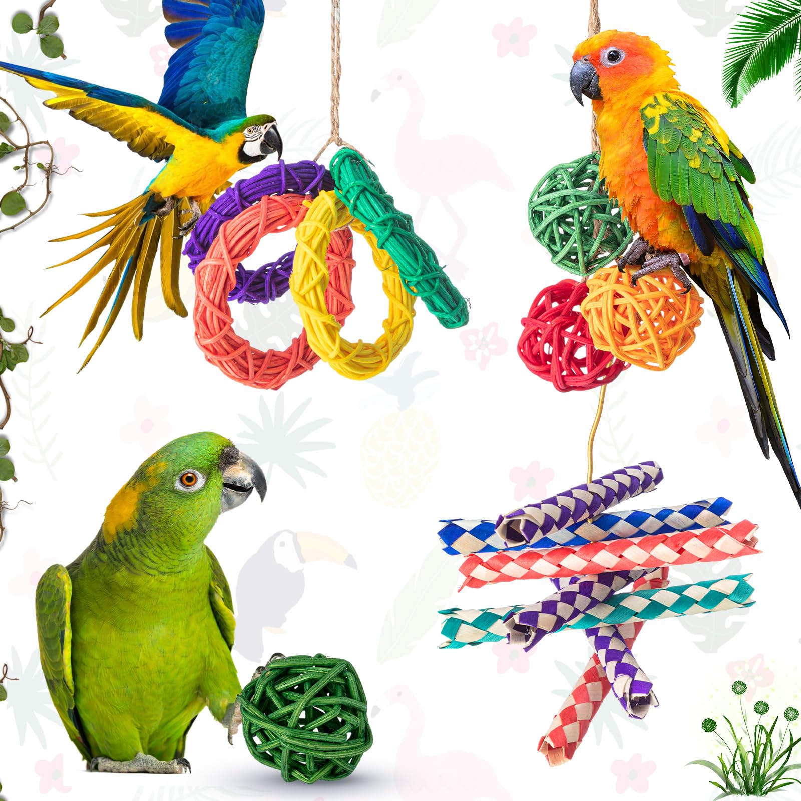 Hiboom 200 Stück Vogelspielzeug: 100 Fingerfallen, 60 Rattan-Kugeln, 40 Rankenringe – Papageien-Weidenbälle, Nymphensittich- und Sittich-Kauspielzeug für Wellensittiche, Kakadus, Haustierkäfig