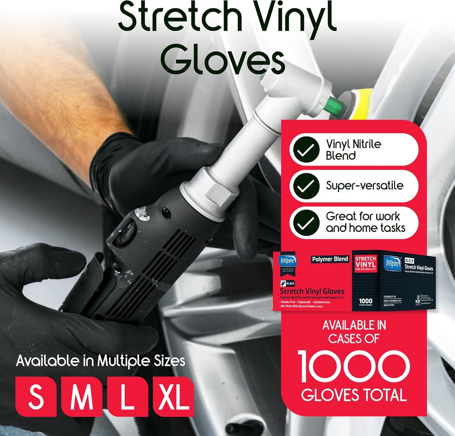 Inspire Black Vinyl Gloves Disposable Latex Free, Polymer Blend Disposable Gloves for Food Service, Cleaning, Yard Work, Powder Free | Bulk Case of 1000 (Small)
