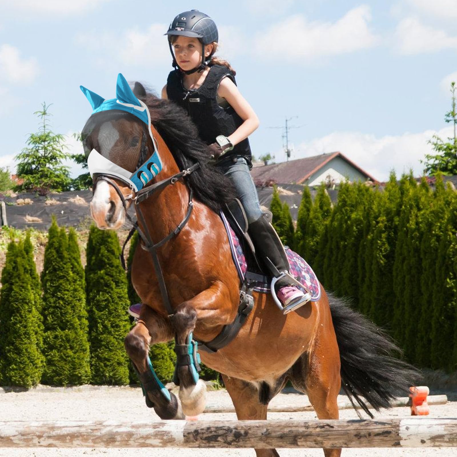 Máscara de mosca para caballo, protección UV con protección para las orejas, máscara de caballo con orejas, protección protectora, malla transpirable