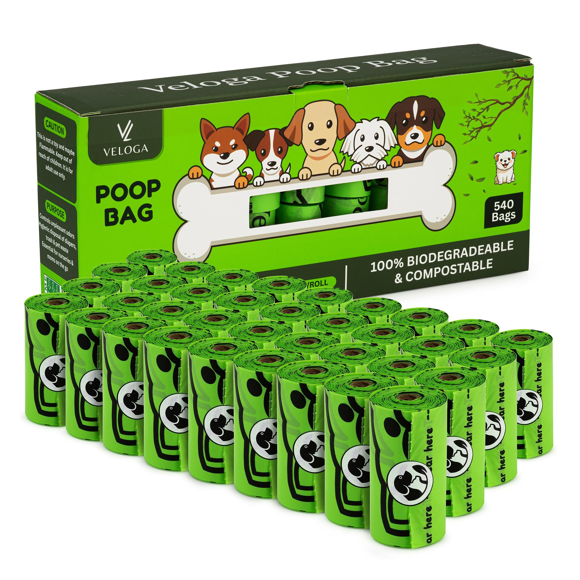 VELOGA Dog Poop Bags, Compostable Biodegradable Lavender Scented Extra Thick Dog Waste Bags, Eco Friendly Cornstarch Material, Leak Proof Dog Poo Bags rolls, 540 Count (36 Rolls of 15)