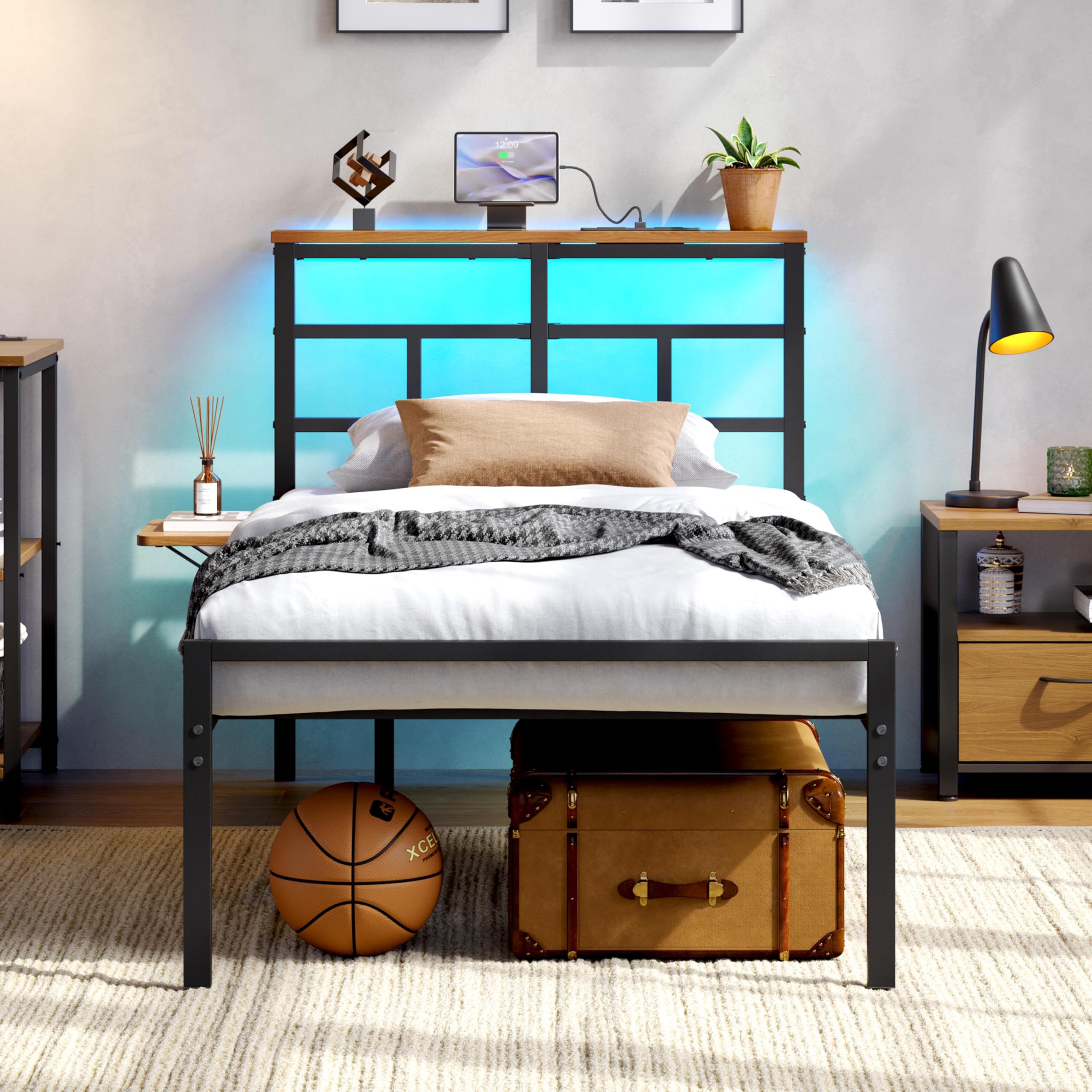 Yaheetech Single Metal Bed Frame with LED Lights, 90 x 190 cm Bed Frame with Charging Station, Wooden Storage Headboard, Easy Assembly, Black