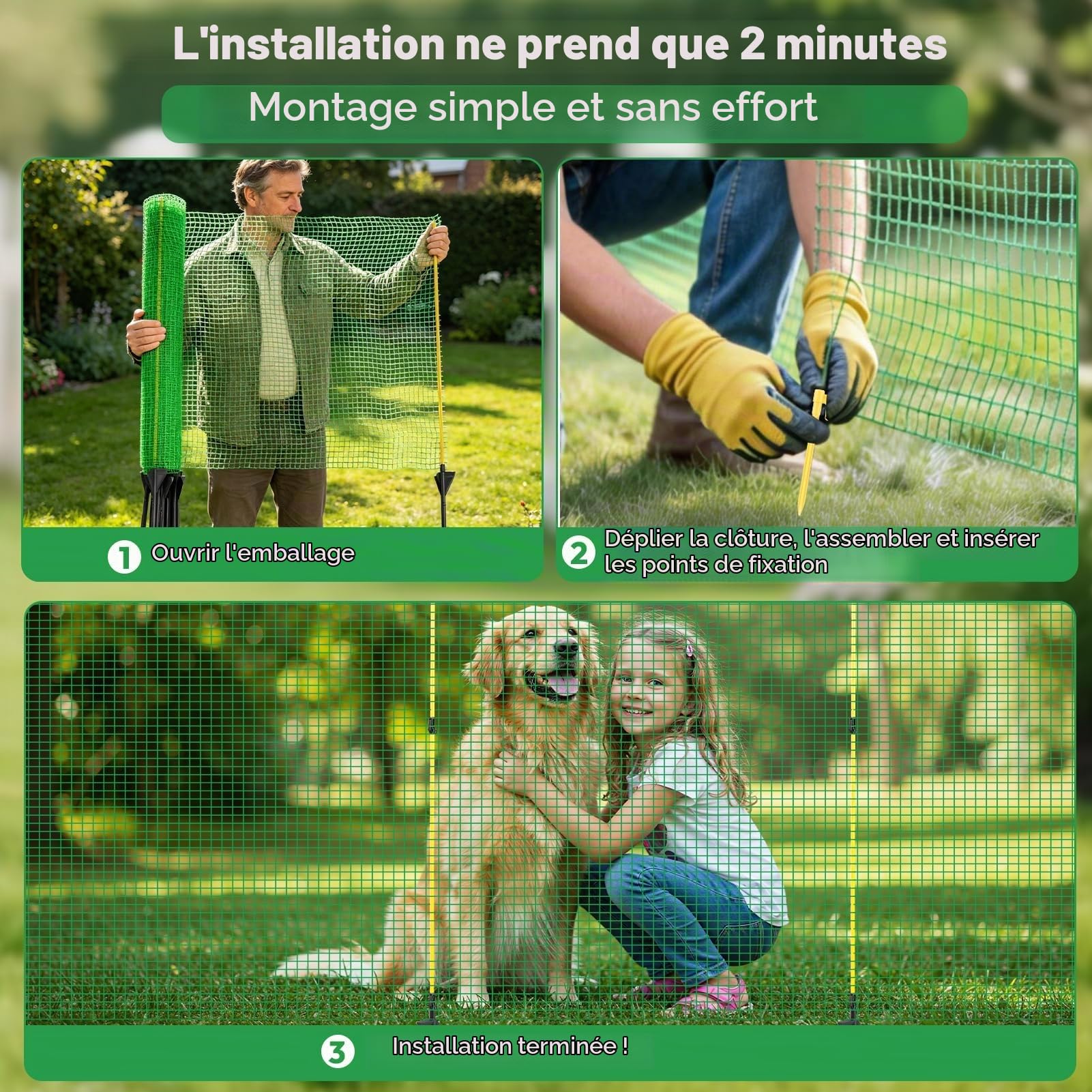 Filet à poule et clôture amovible en nylon vert – 90 cm x 20 m, 12 piquets – Grillage souple pour chien, poule, volaille et potager – Idéale pour le jardin, l'extérieur et le camping.