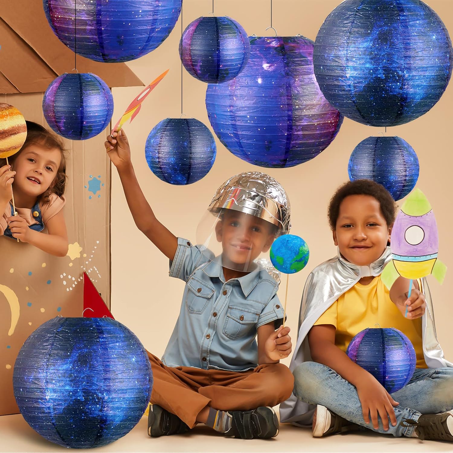 Hortsun 20 Pieces Galaxy Print Paper Lanterns Chinese Japanese Lanterns Space Themed Hanging Paper decoration Ceiling Decor Galaxy Themed Party Supplies for Home Birthday Party, 12 Inch and 6 Inch