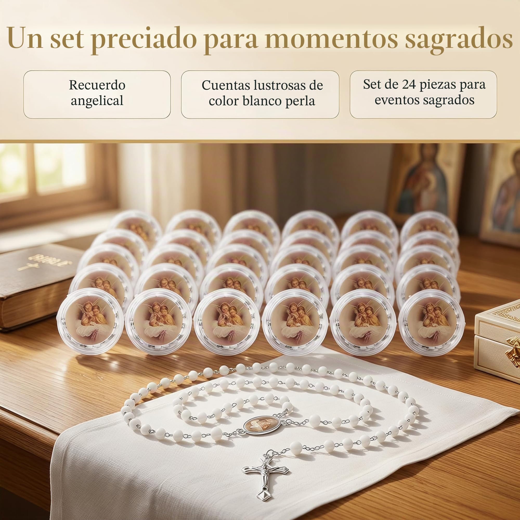 24 Unidades Rosario de Madera Perfumada con Colgante de Angelito para Bautizo y Comunión, Recordatorios Comunión Detalles para Invitados, Regalos Bautizo Niña Niño, Regalos Invitados Boda