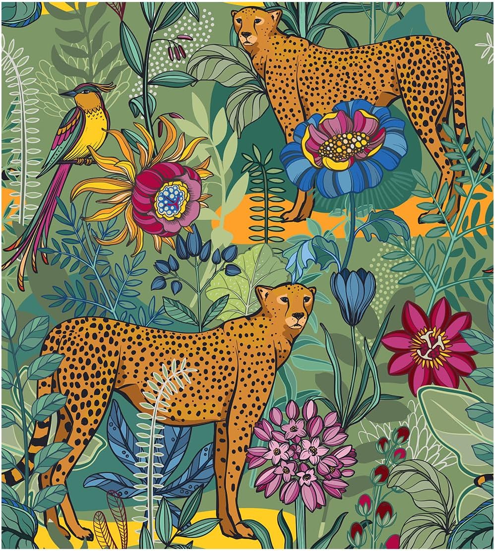 Floralplus Peel and Stick Wallpaper Floral Jungle Leopard Wallpaper for Bathroom Animal Boho Removable Renter Friendly Cheetah Leaf Contact Paper for Bedroom Cabinet 17.5 x 118 in