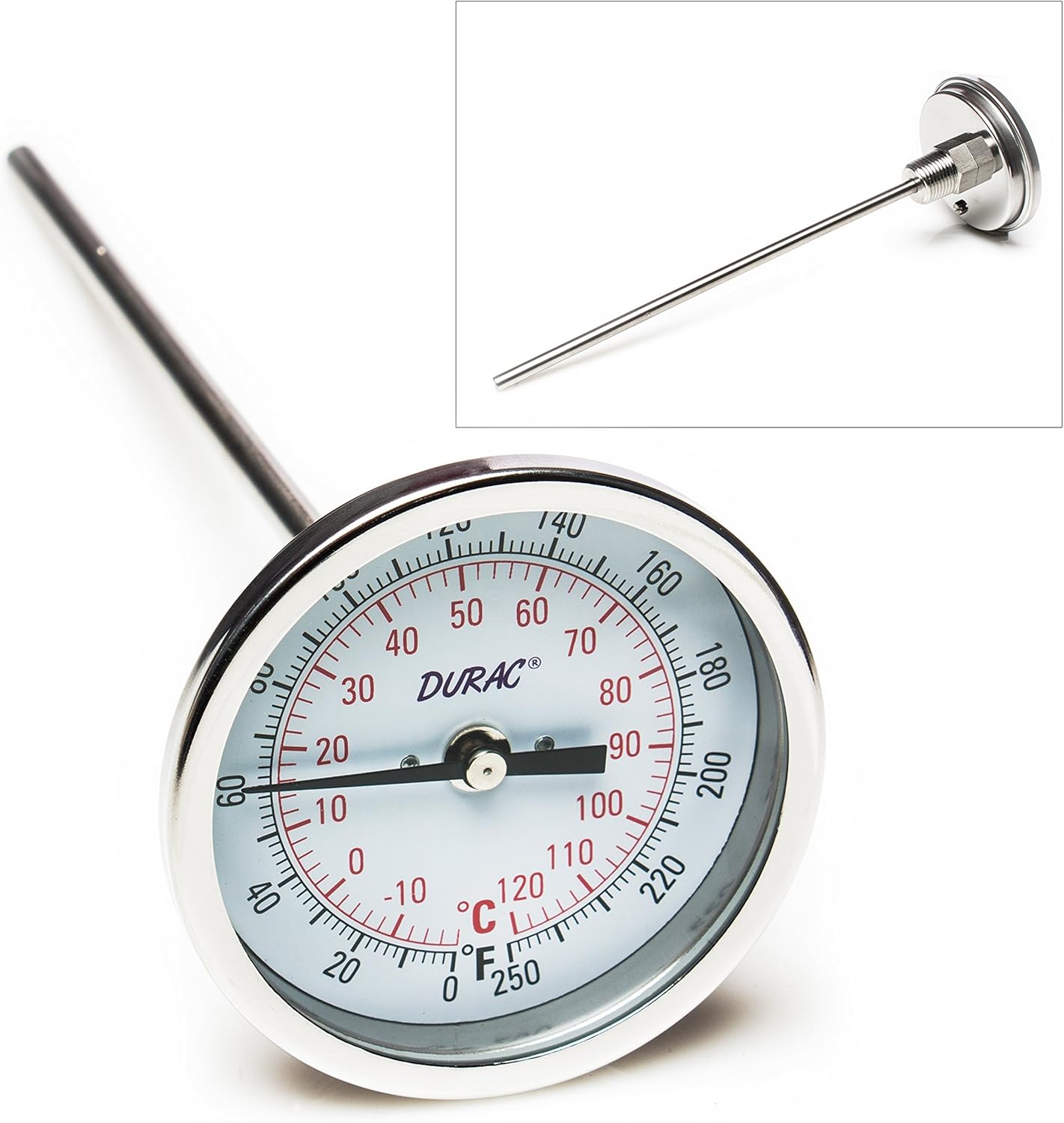 SP Bel-Art, H-B DURAC Bi-Metallic Dial Thermometer; -20 to 120C (0 to 250F), 1/2 in. NPT Threaded Connection, 75mm Dial (B61310-8300)