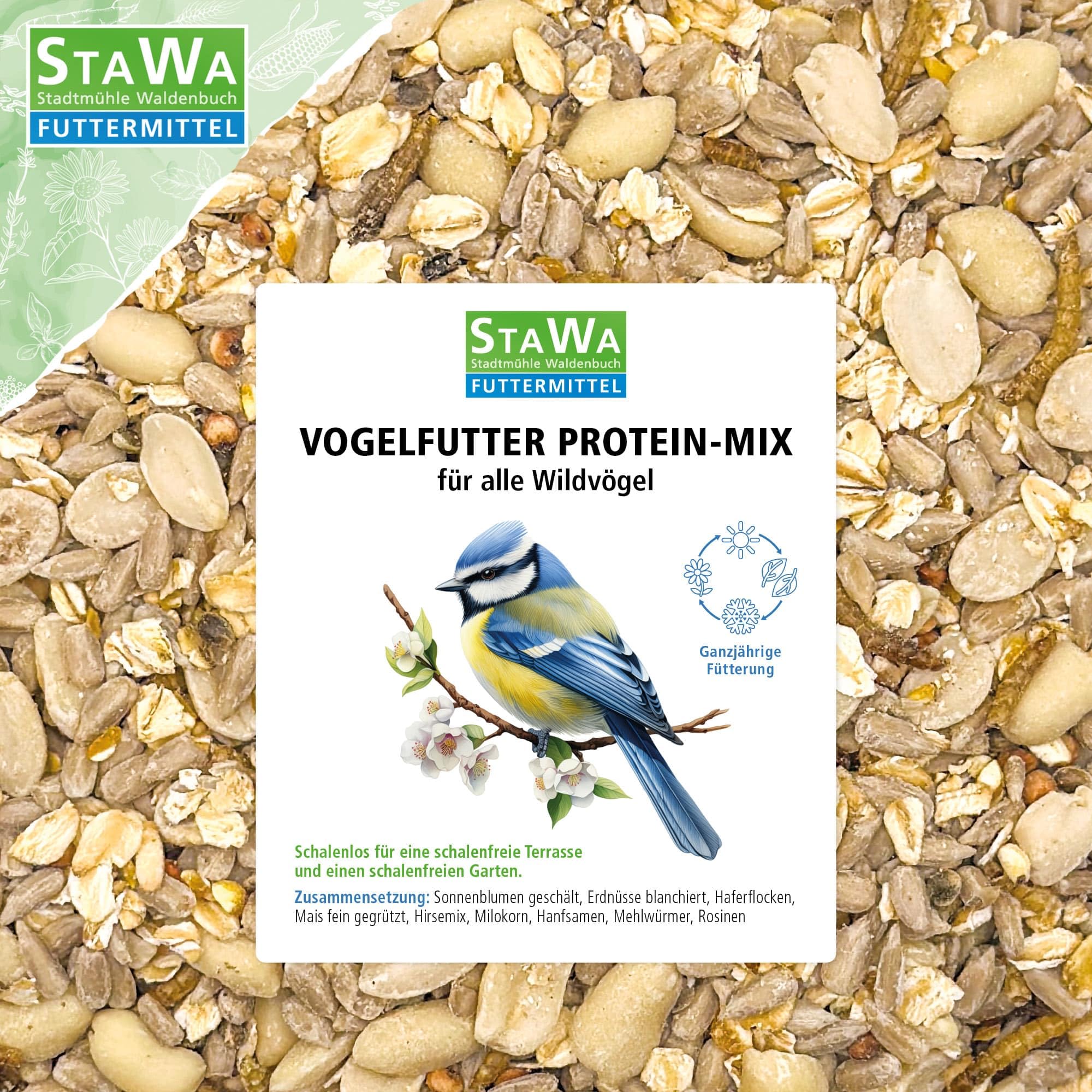 Vogelfutter Protein-Mix, Wildvogelfutter für Gartenvögel und Waldvögel, Streufutter mit viel Eiweiß, Ganzjahresfutter, 20 kg