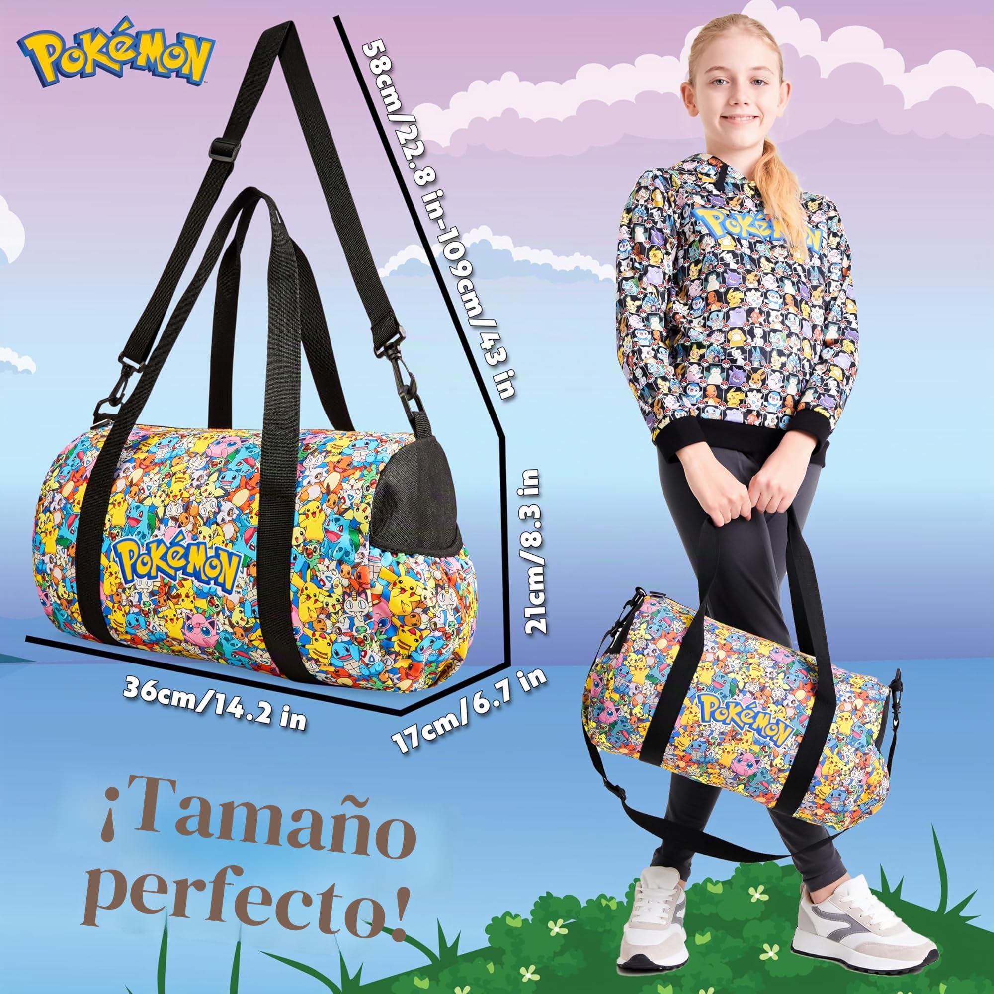 Pokemon Bolsa Deporte Niño Niña Bolsa Piscina Niño Bolsa Viaje Fin de Semana Playa Futbol Gym Merchandising Oficial Pikachu (Multicolor)
