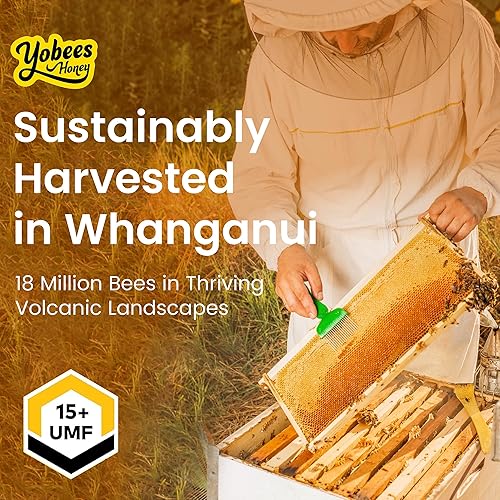 Miniatura 6 de Yobees Honey Certificado 's, Pure New Zealand Manuka Honey UMF 15+, orgánico, cruda y sin pasteurizar en un tarro de 8.8 onzas (8.82oz)