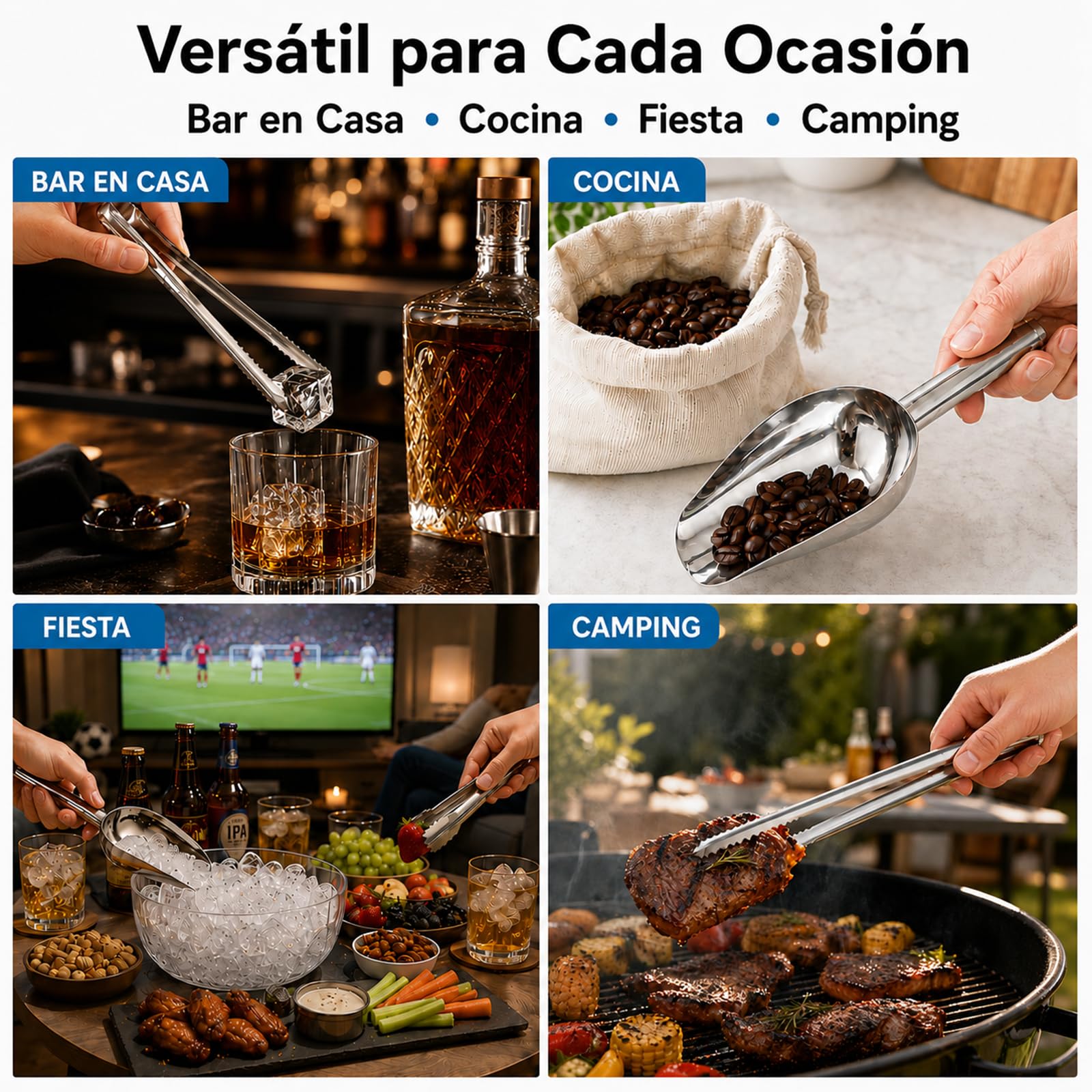 Cuchara Hielo Acero Inoxidable & Pinza de Hielo Acero Inoxidable Siumir 25 cm Pinza de Candy Pala Hielo per Alimenti para Barra, Barbacoa, Fiesta, Boda
