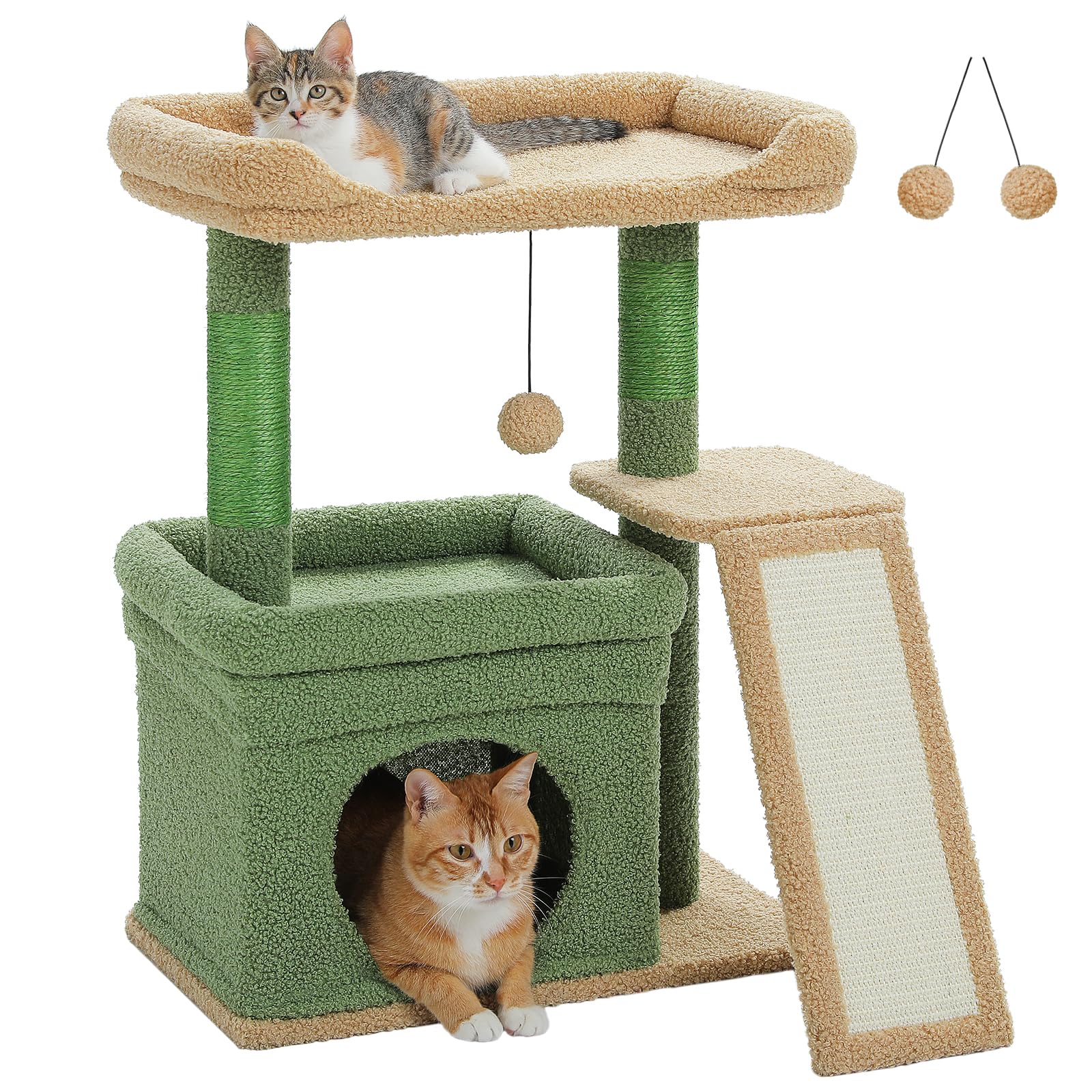 PEQULTI Small Cat Tree Tower for Indoor Cats with Large Perch, Green