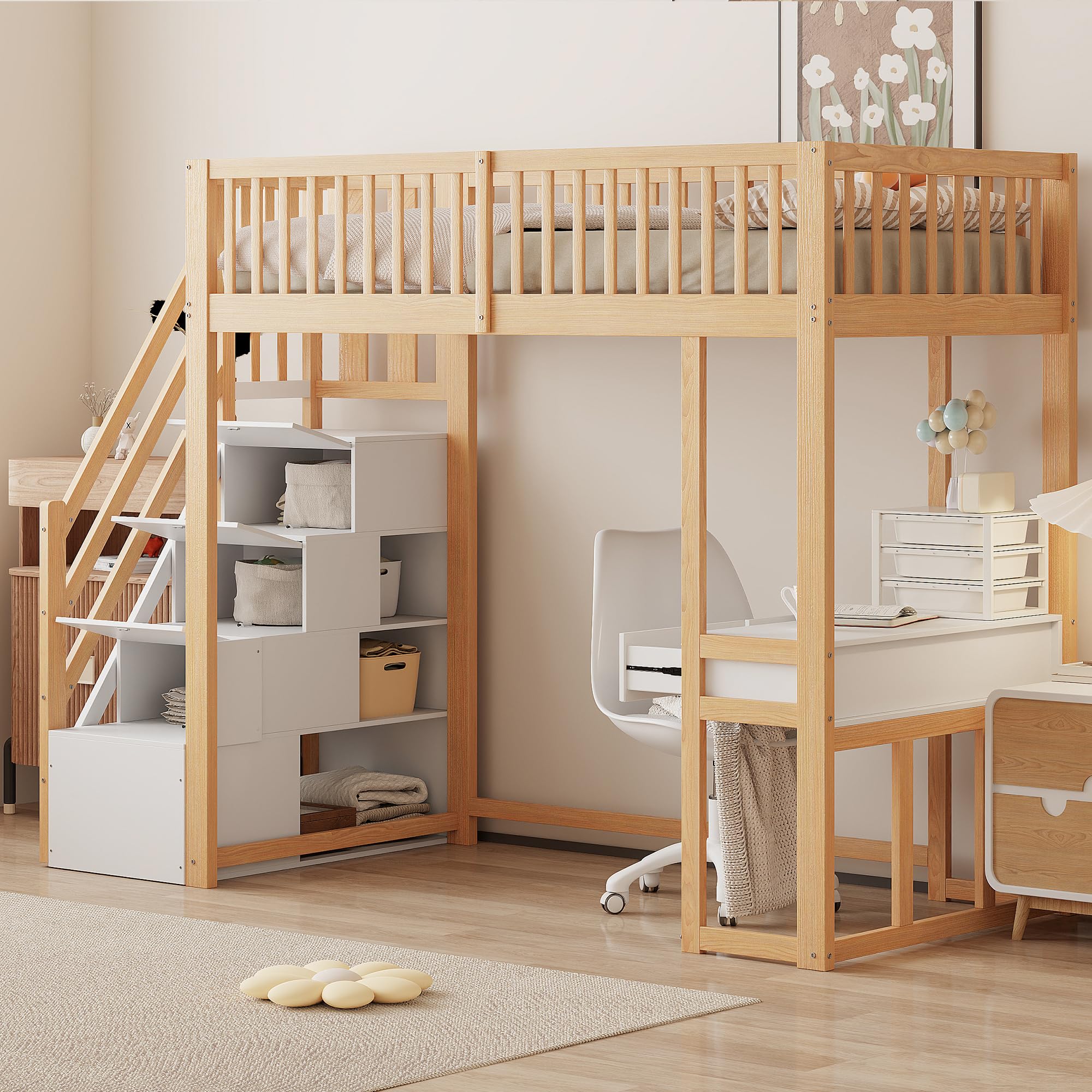 Merax Hochbett 90x200 cm mit Schreibtisch, Multifunktionales Hochbett für 1 Person mit Treppenregal, Weiß und Holz (ohne Matratze)