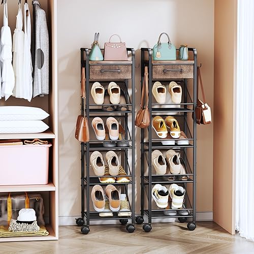 Miniatura 6 de SWTYMIKI Zapatero vertical rodante, torre de zapatos con cajón y ganchos, organizador de almacenamiento de zapatos para entrada, armario,