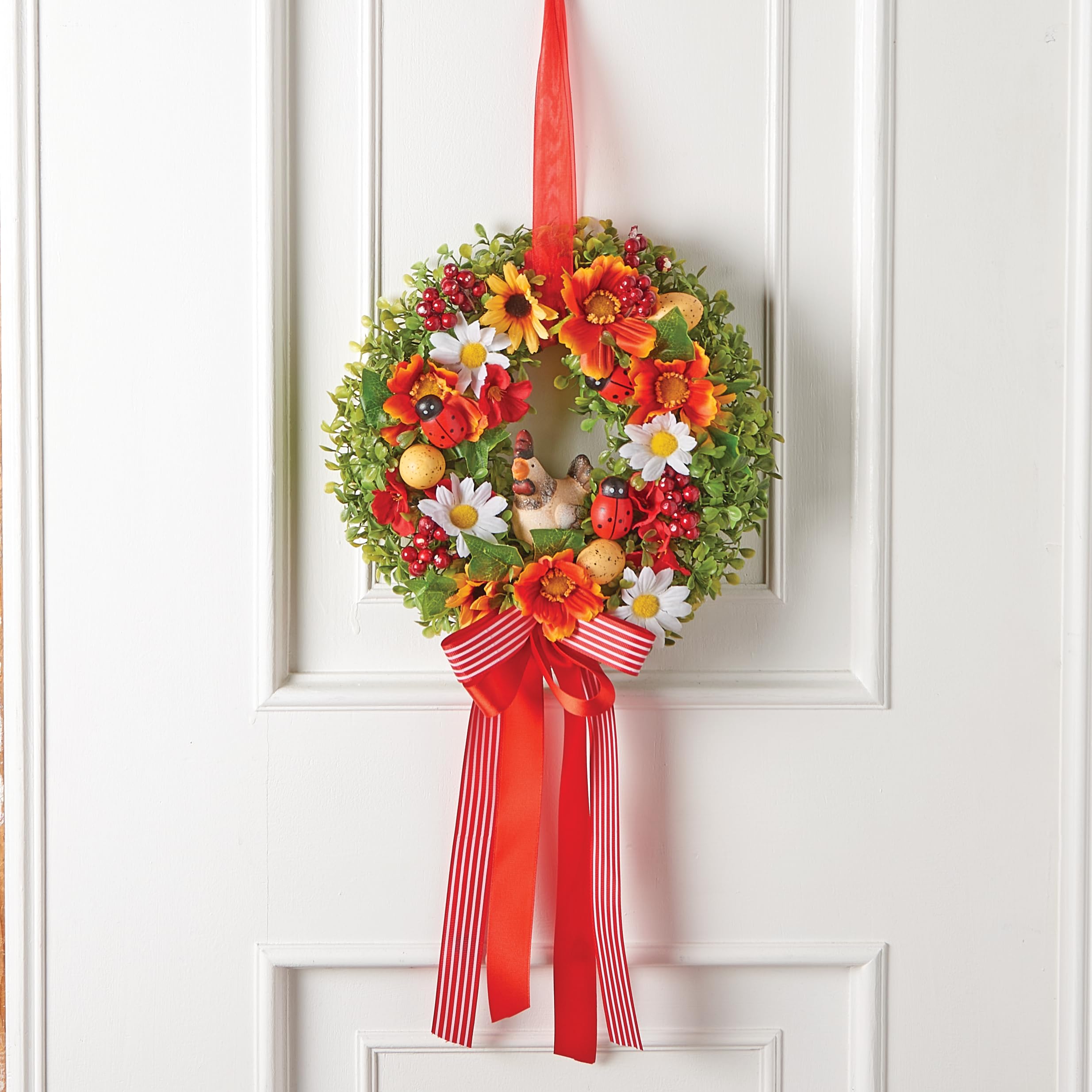 Coopers Of Stortford Green - Spring Wreath With Chicken - Brightly-Coloured Blooms, Berries, Easter Eggs, And Hen - No Watering Or Special Care Needed - Includes Ribbon For Easy Hanging - Dia. 26Cm
