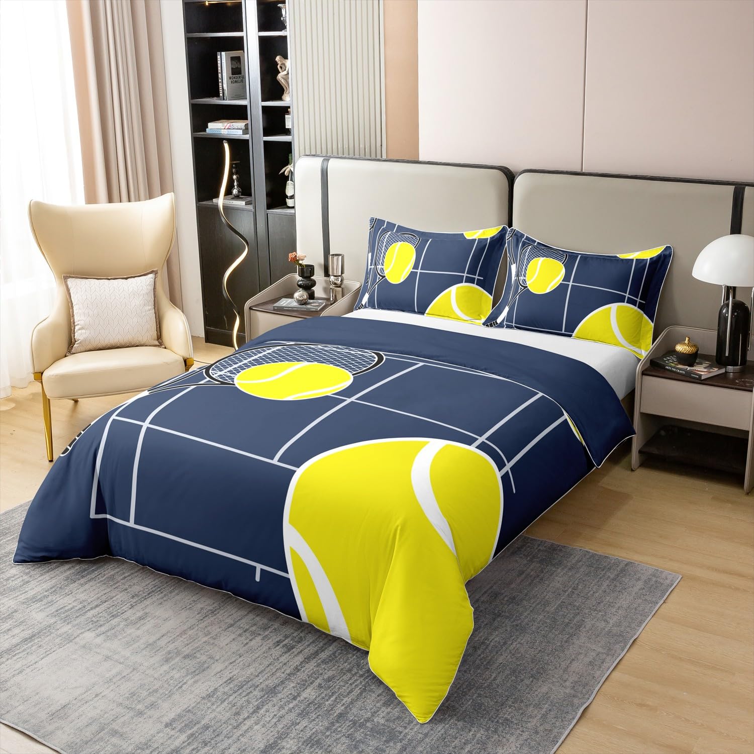 Homemissing Jungen Tennis 100% Baumwolle Bettwäsche Set 135x200cm Ball Spiel Navy Blue Bettbezug für Kinder Mädchen Sport Thema Betten Zimmer Dekor