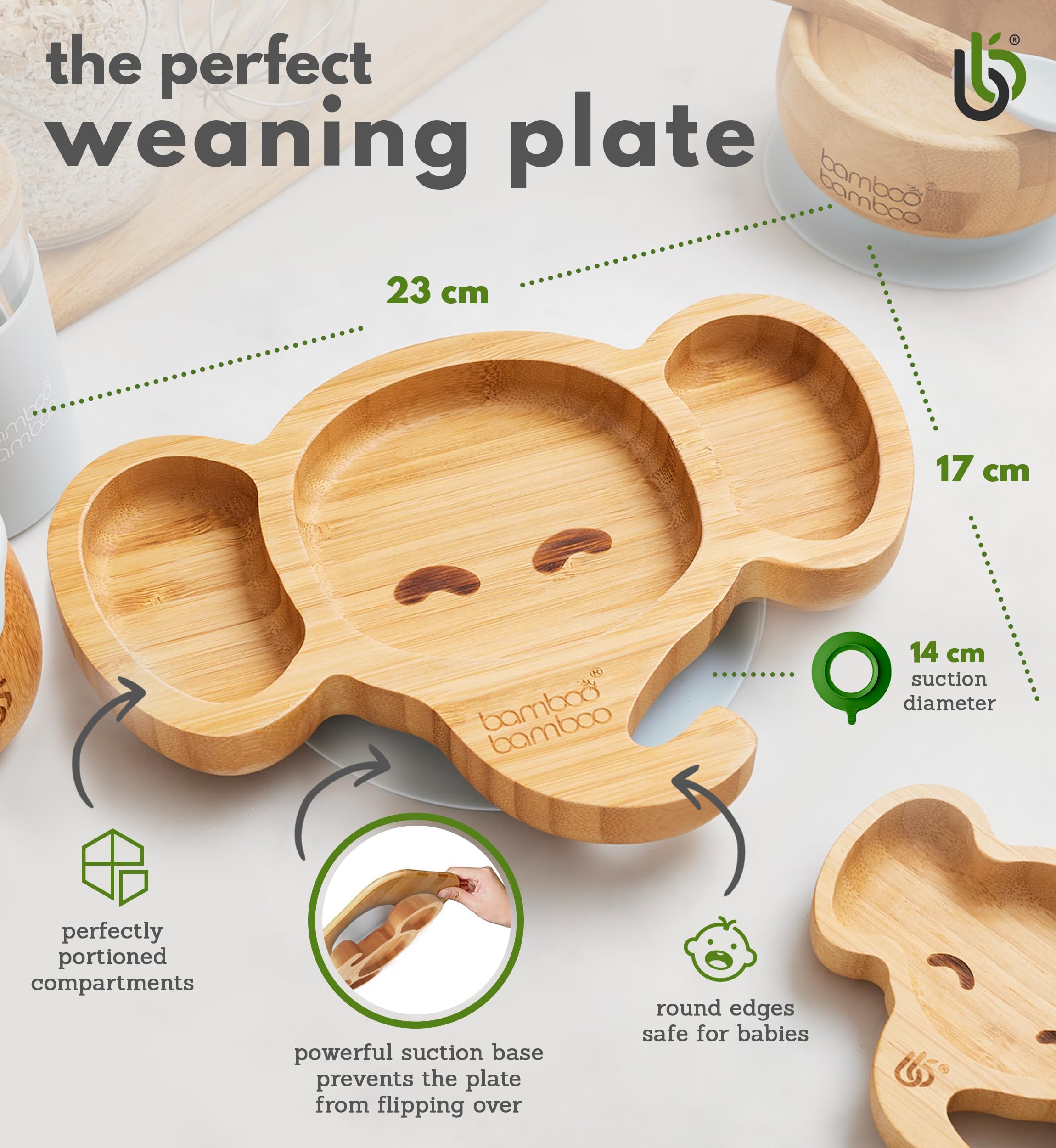 bamboo bamboo Plato Y Tazón Para Bebé, Set De Destete Con Succión Segura, Plato De Bambú En Forma De Elefante, Tazón Para Niños Y Cuchara, Vajilla Antideslizante Desde 6 Meses (Gris)