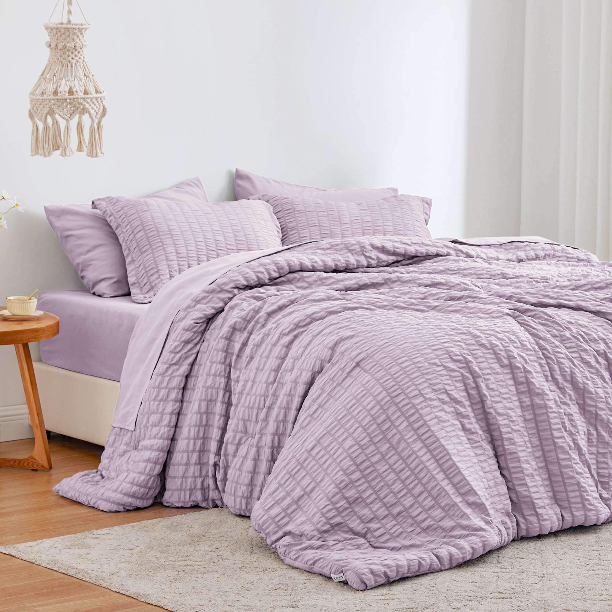 Love's cabin Seersucker Lavender Queen Comforter Set 7 Pieces, All Season Bedding Set, Queen Bed in a Bag Comforter Set with Comforter, Flat Sheet, Fitted Sheet, Pillowcase and Pillow Sham