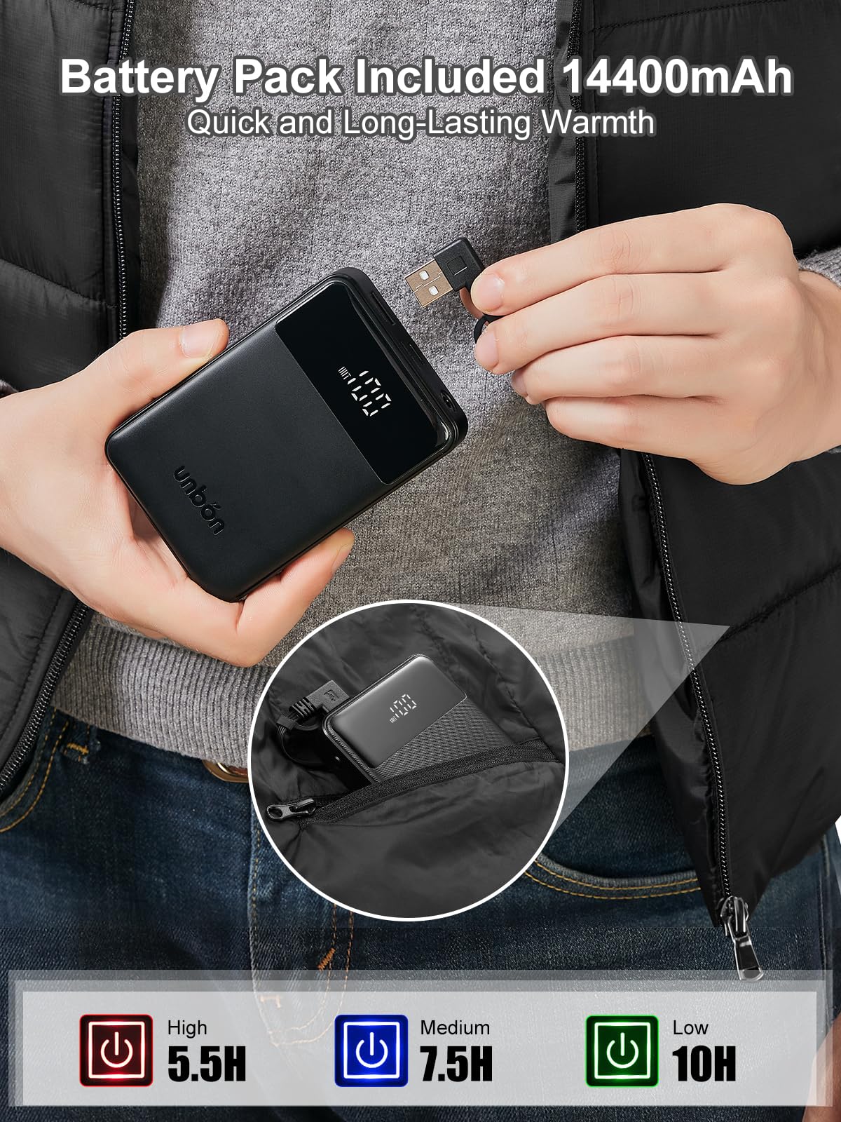 UNBON Gilet Riscaldato, Giubbotto Riscaldato Uomo Donna con Batteria Inclusa 14400mAh USB Elettrico Giacca Riscaldata con 5 Zone di Riscaldamento 3 Temperature per Moto Sport all'Aperto