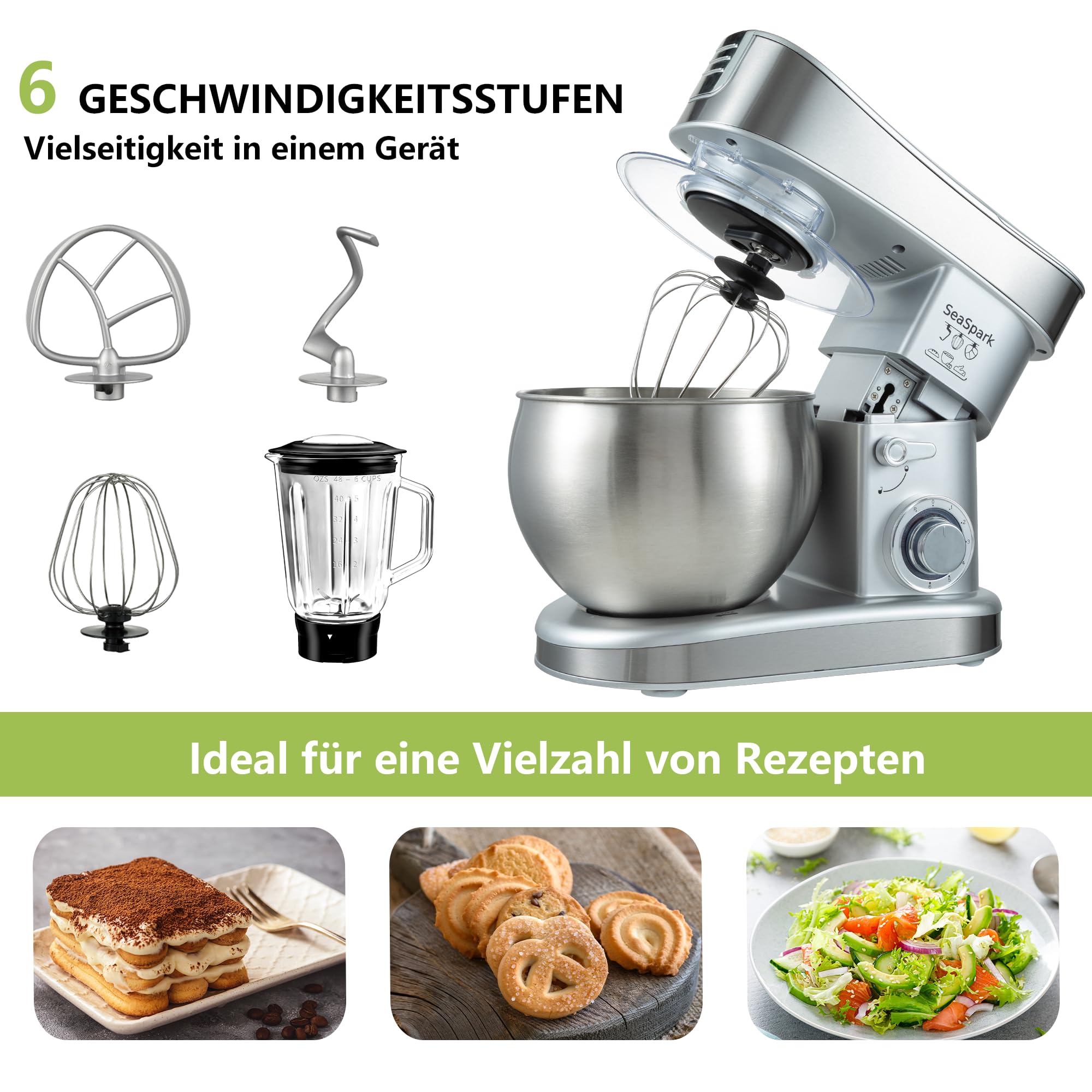 Küchenmaschine, 6 L Knetmaschine 1200W, 6 Geschwindigkeits Küchenmaschine, Teigmaschine mit Rührhaken, Knethaken, Schneebesen und Spritzschutz, Silber
