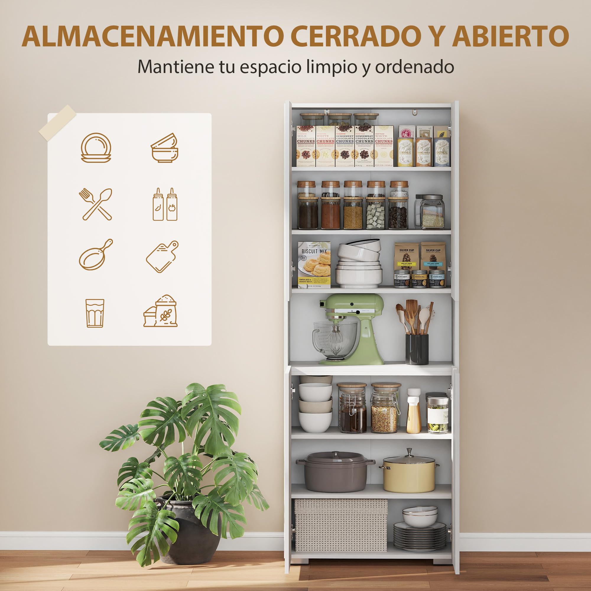 HOMCOM Alacena de Cocina, Mueble Auxiliar de Cocina de Blanco Brillo con 4 Puertas, Compartimento Abierto, Estantes Ajustables, 68x34x180 cm