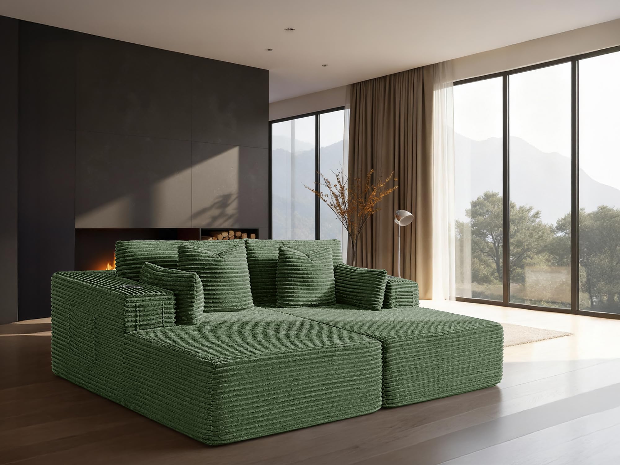 72" Cloud Sectional Couch, Comfort Sleep Sofa for Living Room, Extra Deep Seats No Assembly, Minimalist Modular Couch, Corduroy (Olive Green, Loveseat Chaise)
