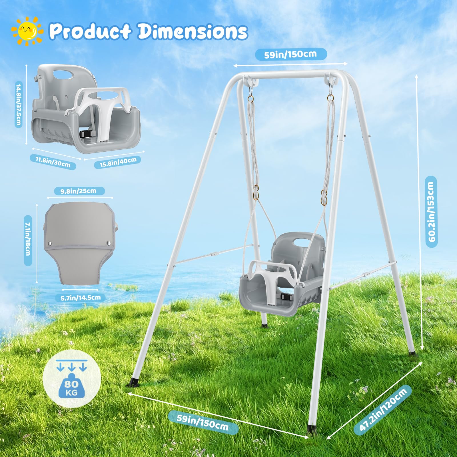 nmoiww Altalena per bambini con telaio 2 in 1, altalena per bambini con supporto in metallo, seggiolino con cintura di sicurezza per giocare all'aperto e al chiuso (bianco)