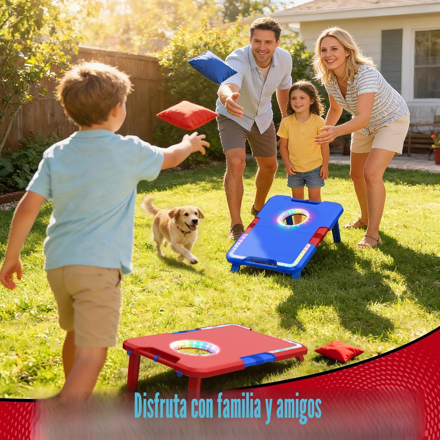 TERRAMUS Set de Tableros de Cornhole Illuminados con Efectos de Sonido,2 Tableros Plegables y 8 Bolsas de Frijoles,Juego de Lanzamiento Portátil para Exteriores,Juguetes para Fiestas,Regalo para Niños