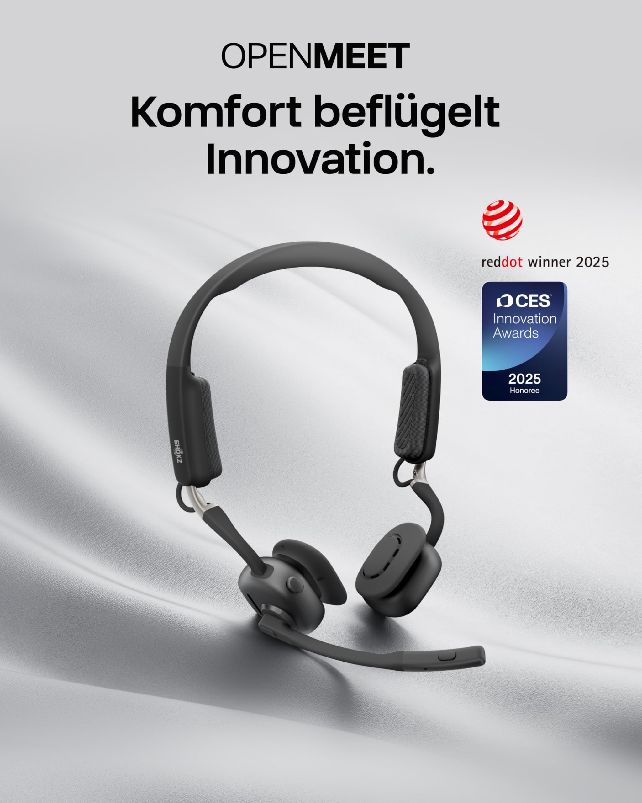 SHOKZ OpenMeet Open-Ear-Headset mit 2 Mikrofonen | Bluetooth 5.4, 15 Std. Akku, Noise-Cancelling-Mikrofone, Schnellladung, Arbeit, Anrufe und Meetings