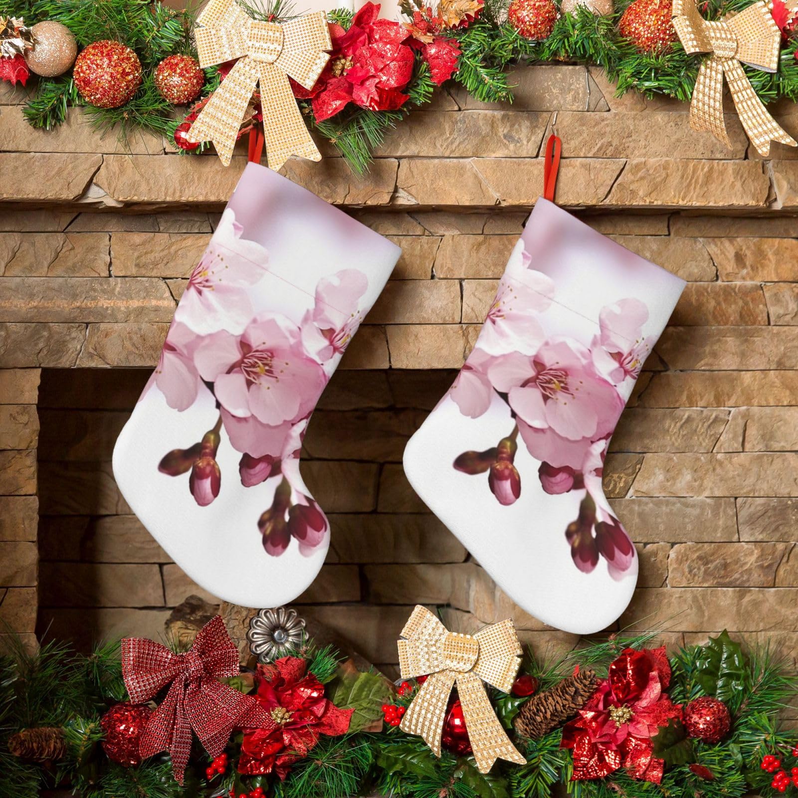 KLOPH Christmas Stockings 18" Personalized Xmas Stocking Cherry Blossom Decoration Stocking Hanging Fireplace Stocking for Holiday Xmas Tree Christmas Fireplace Decor