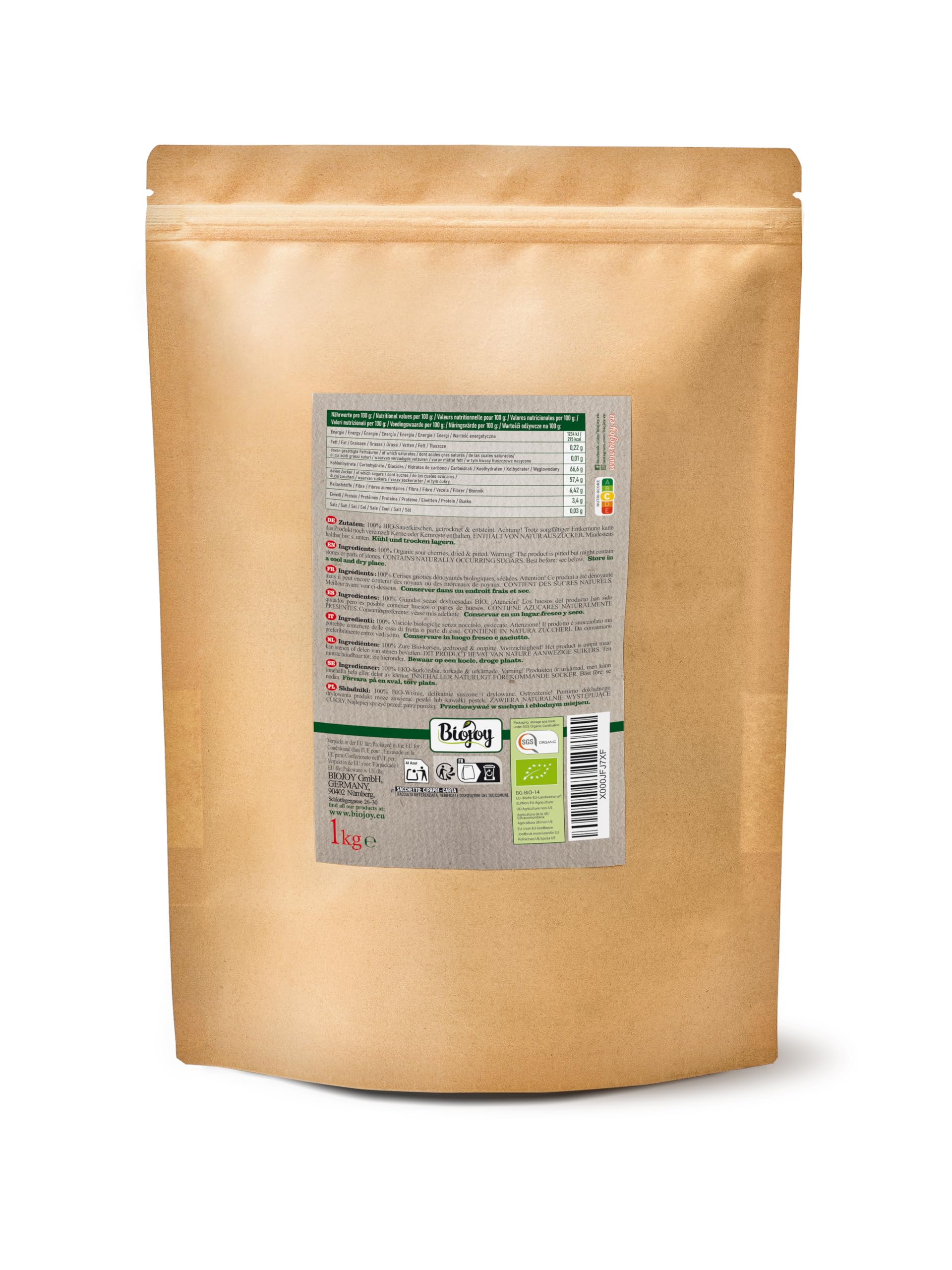 Biojoy BIO Griottes séchées, dénoyautées, non sulfurées, 1 kg | Entières, sans sucre ajouté, origine Turquie