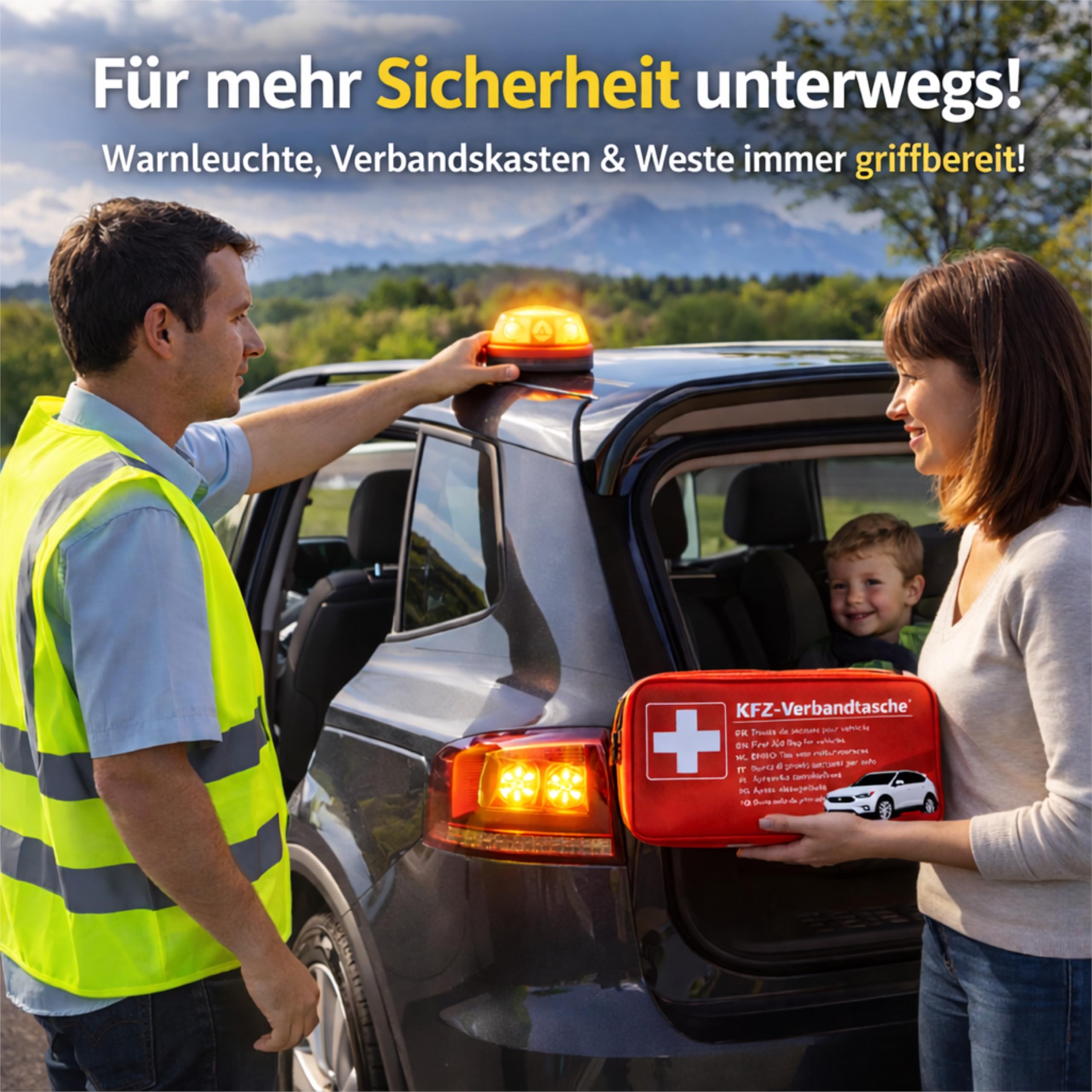 3 in 1 Auto & PKW Erste-Hilfe-Kit 2026 EN ISO 20471 V16 Warnleuchte Verbandskasten Warnweste Pannenset